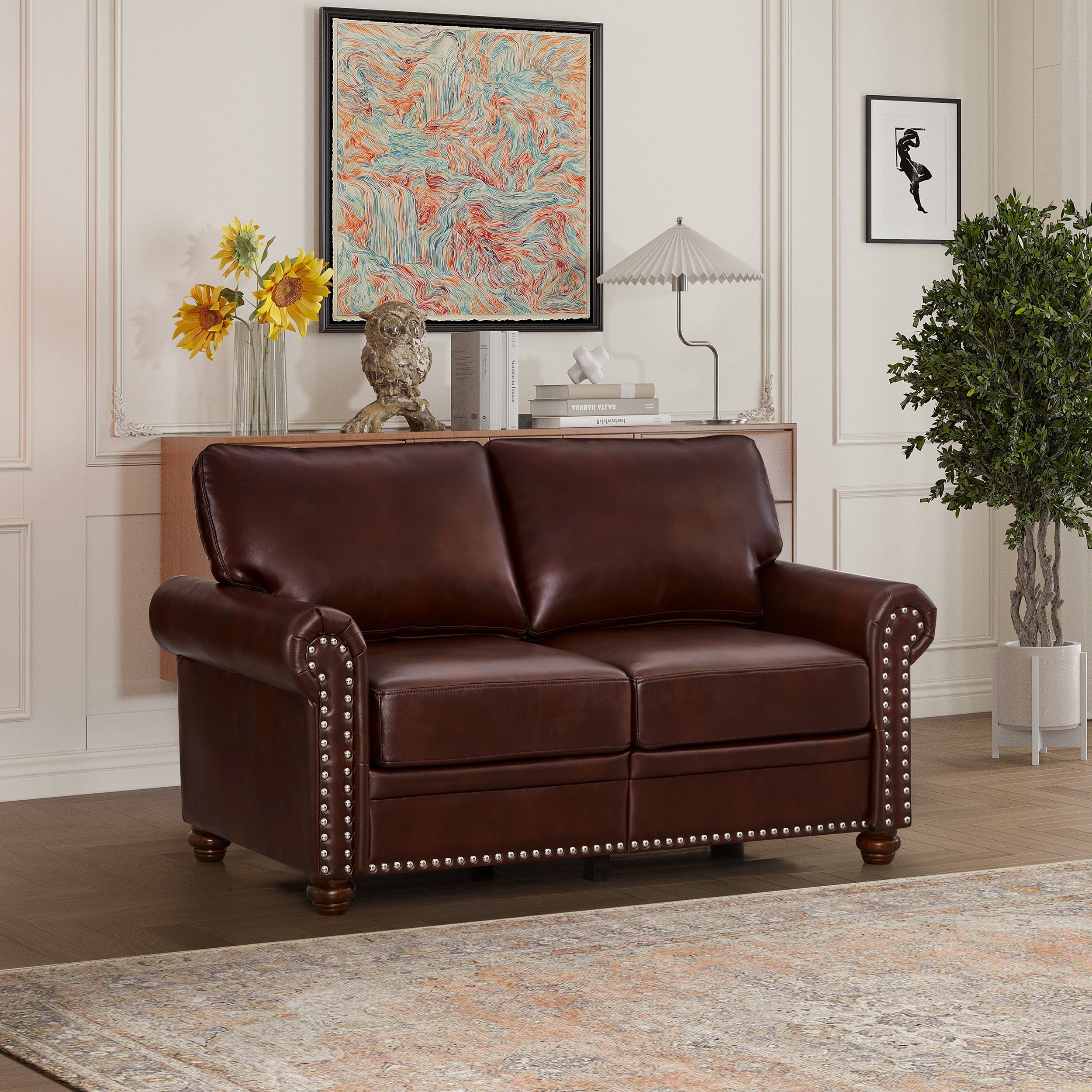 Burgundy Faux Leather Loveseat with Solid Wood Frame