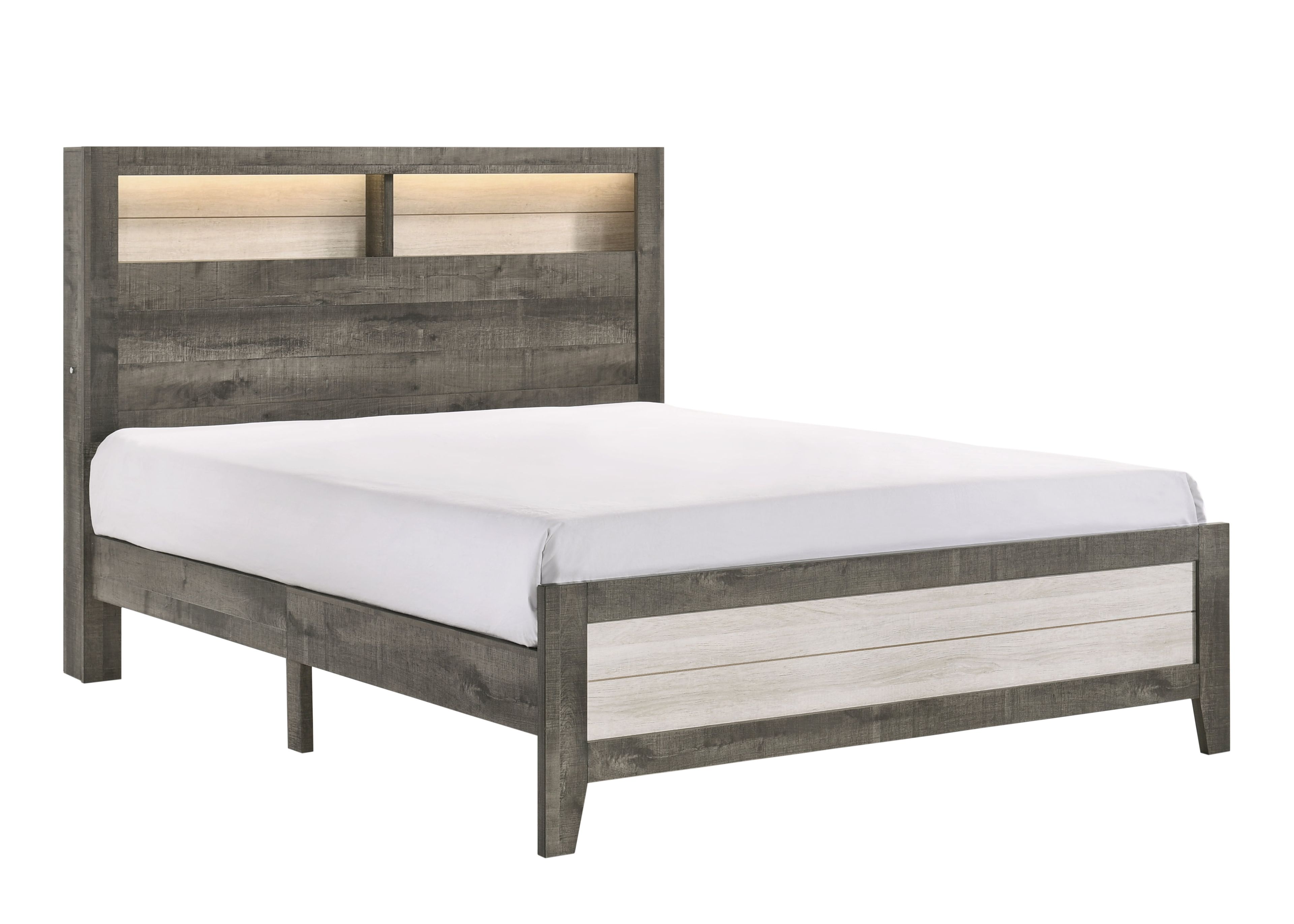 White and Gray Queen Wood Frame Bed with Headboard and Drawer