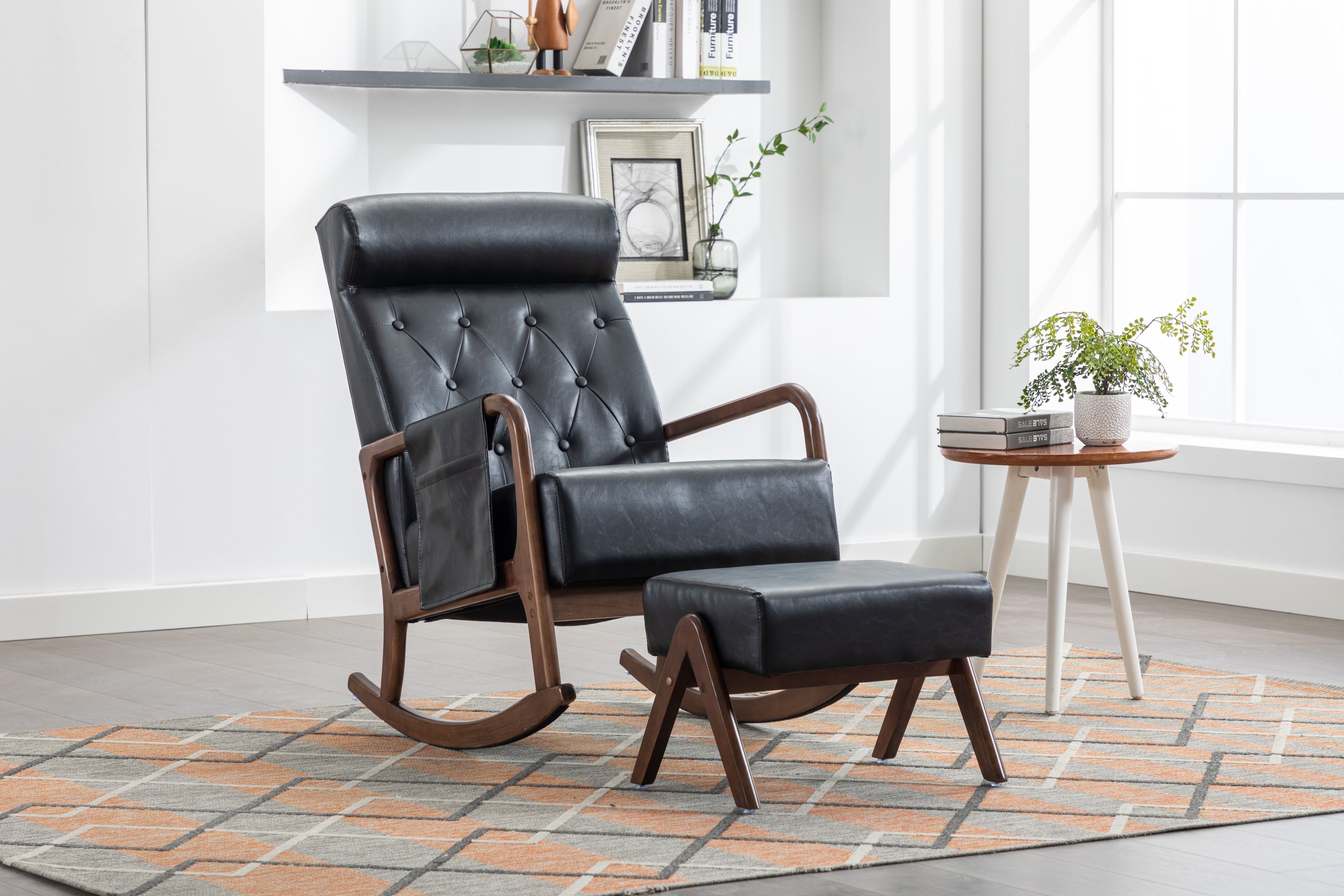 Black PU Upholstered Rocking Chair with Ottoman and Wooden Frame