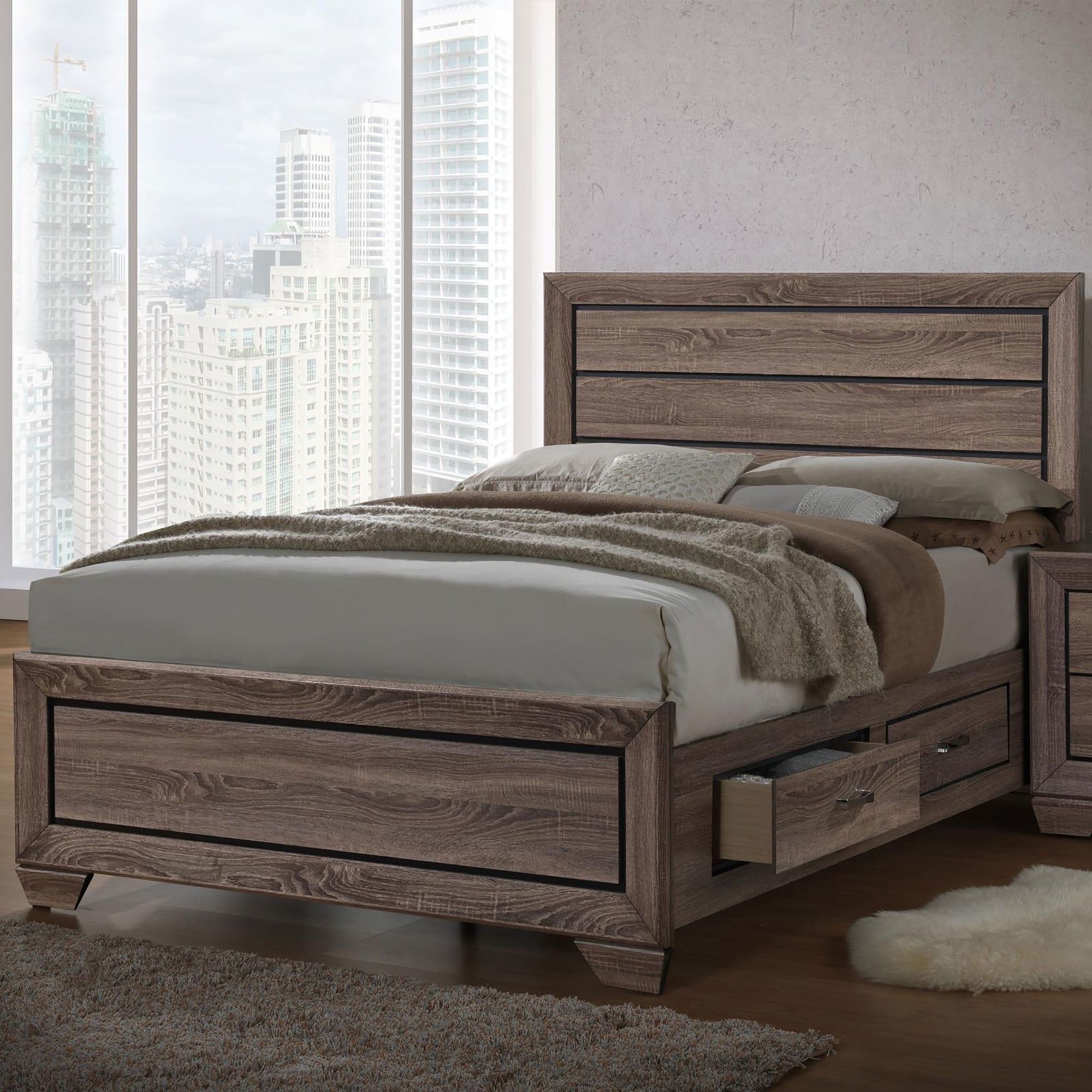 Brown Queen Wood Storage Bed with Upholstered Headboard