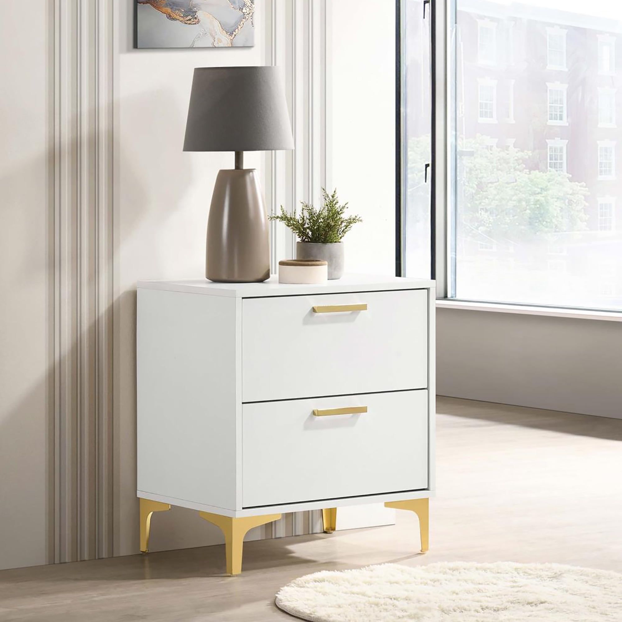 White and Gold 2-Drawer Rectangular Nightstand with Metal Accents