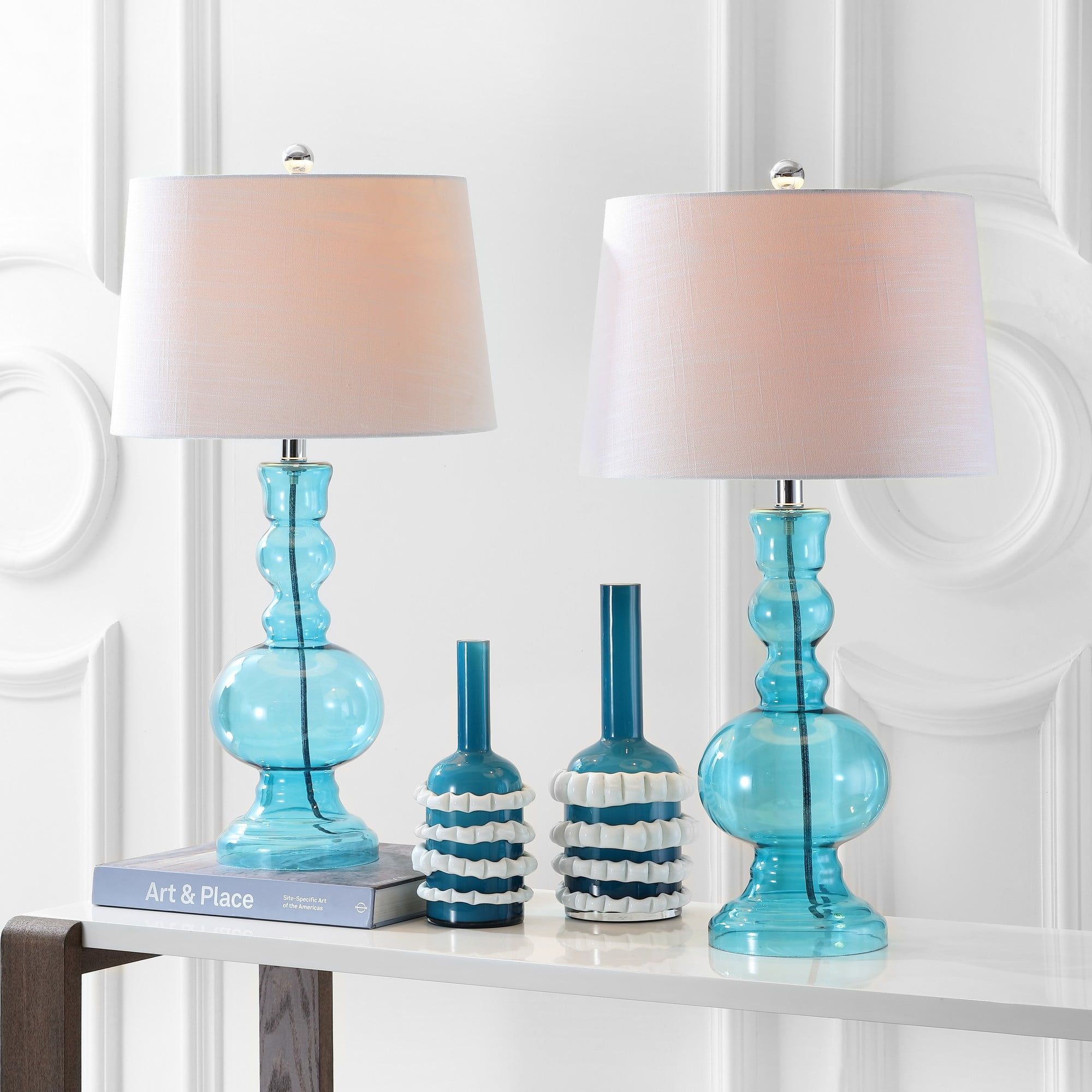 Genie Aqua Glass LED Table Lamp Set with White Shades