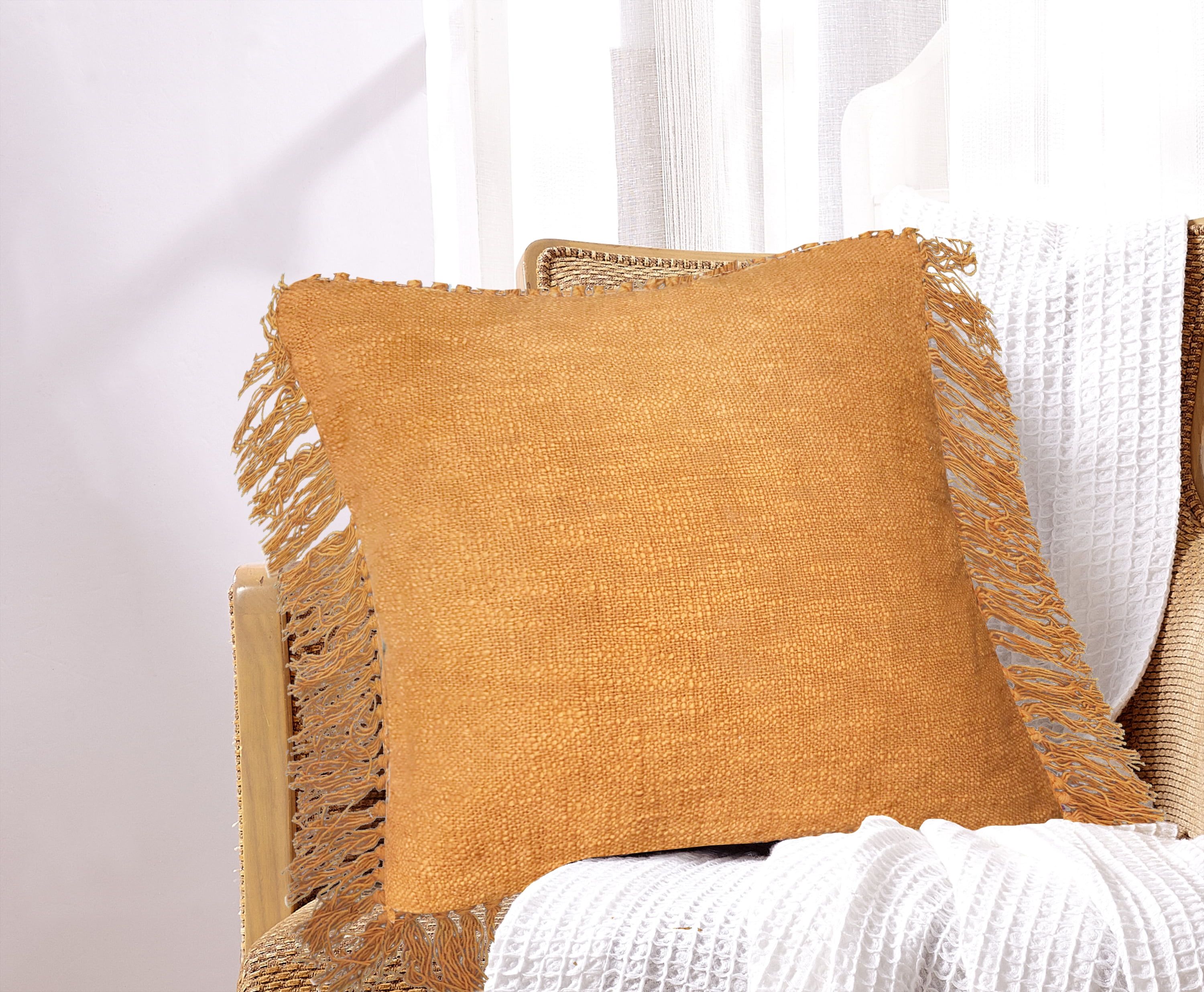 Rust Cotton Blend Square Throw Pillow with Fringe