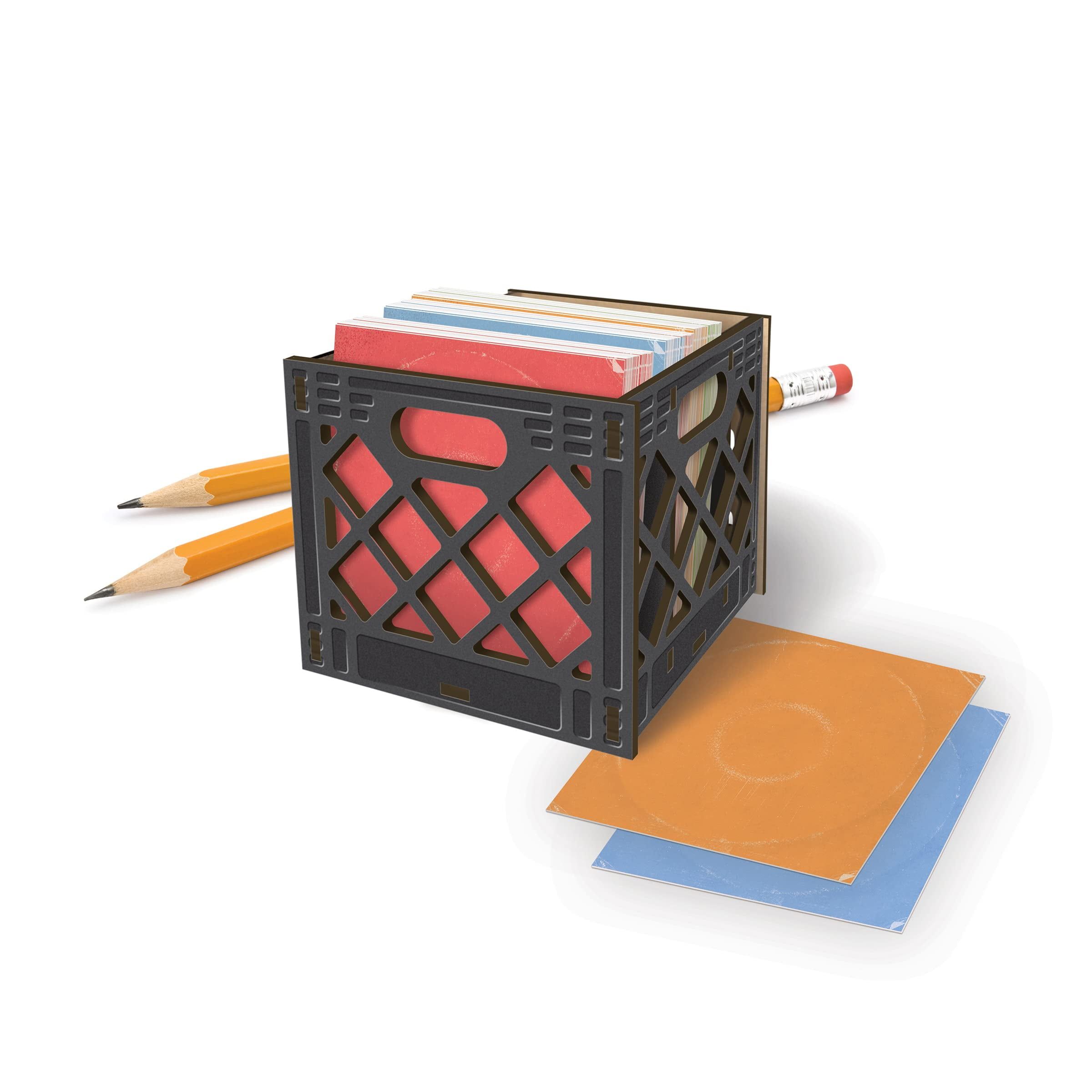 Black MDF Mini Milk Crate Pencil Holder with Vinyl-Inspired Note Cards