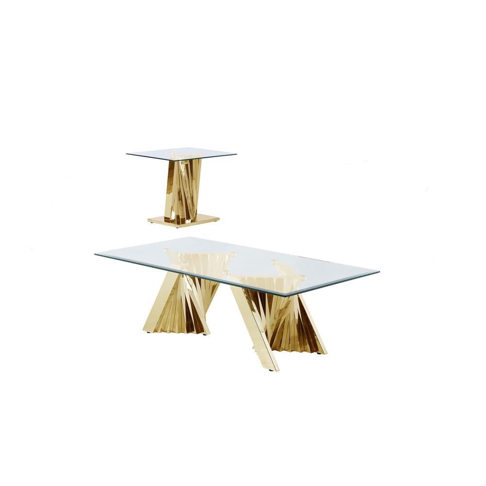 Luxurious Gold Stainless Steel and Clear Glass Coffee & End Table Set