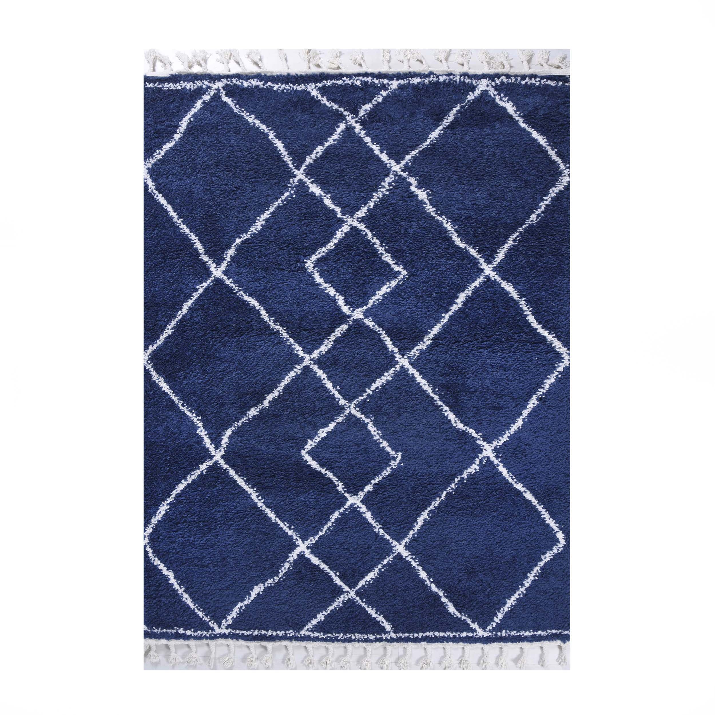 Cream and Blue Geometric Shag Area Rug with Tassels, 8' x 10'