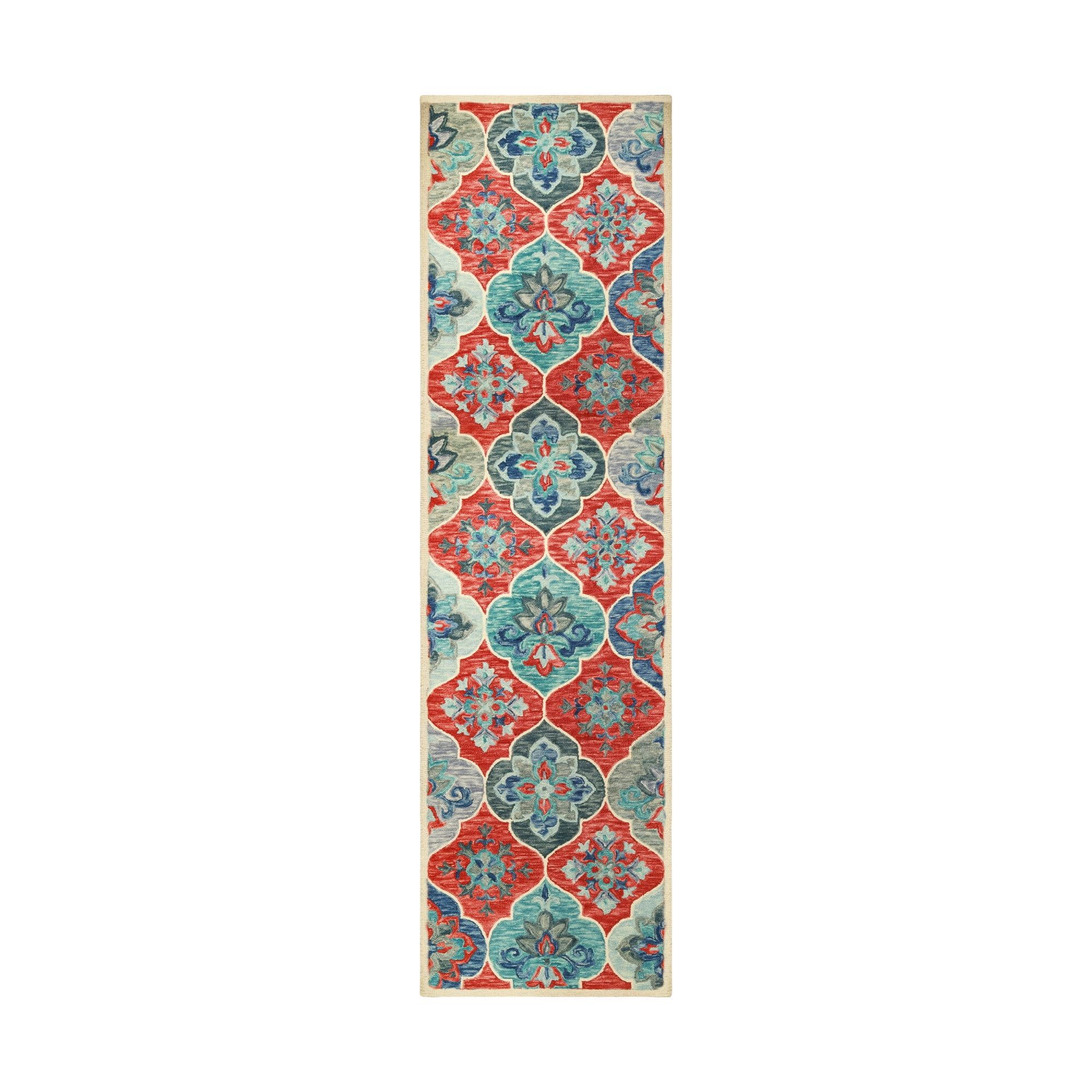 Blue-Rust Geometric Floral Handmade Wool Runner Rug, 2'6" x 8'