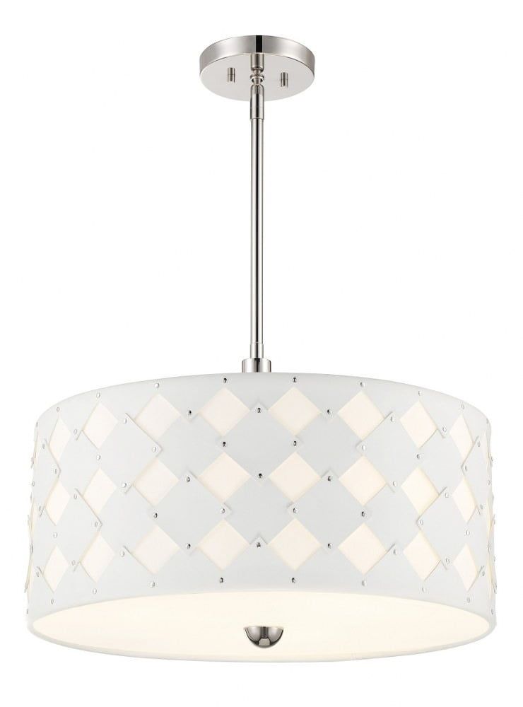 Polished Nickel 3-Light Drum Pendant with White Fabric Shade