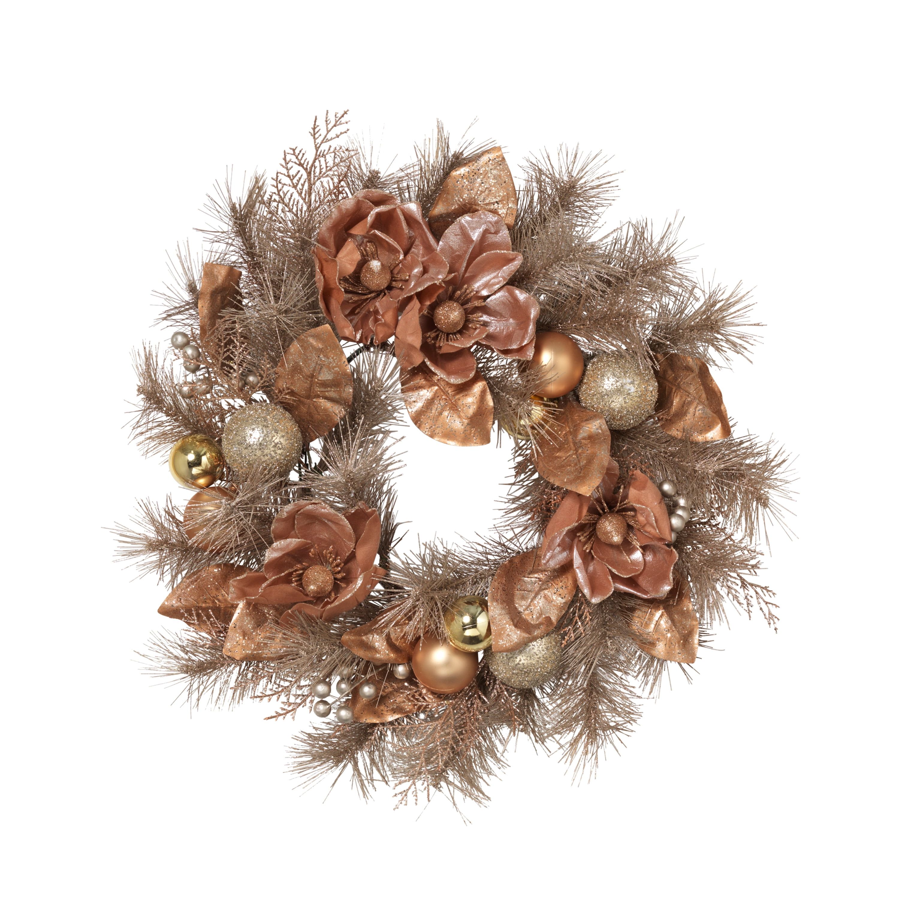 Champagne Pine and Magnolia 24-Inch Holiday Wreath with Ornaments