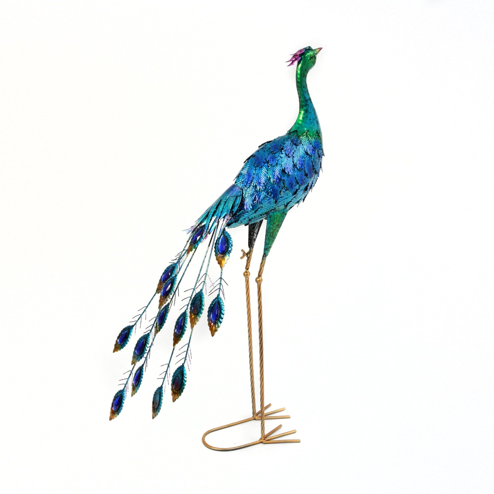 35" Metallic Blue and Green Metal Peacock Sculpture