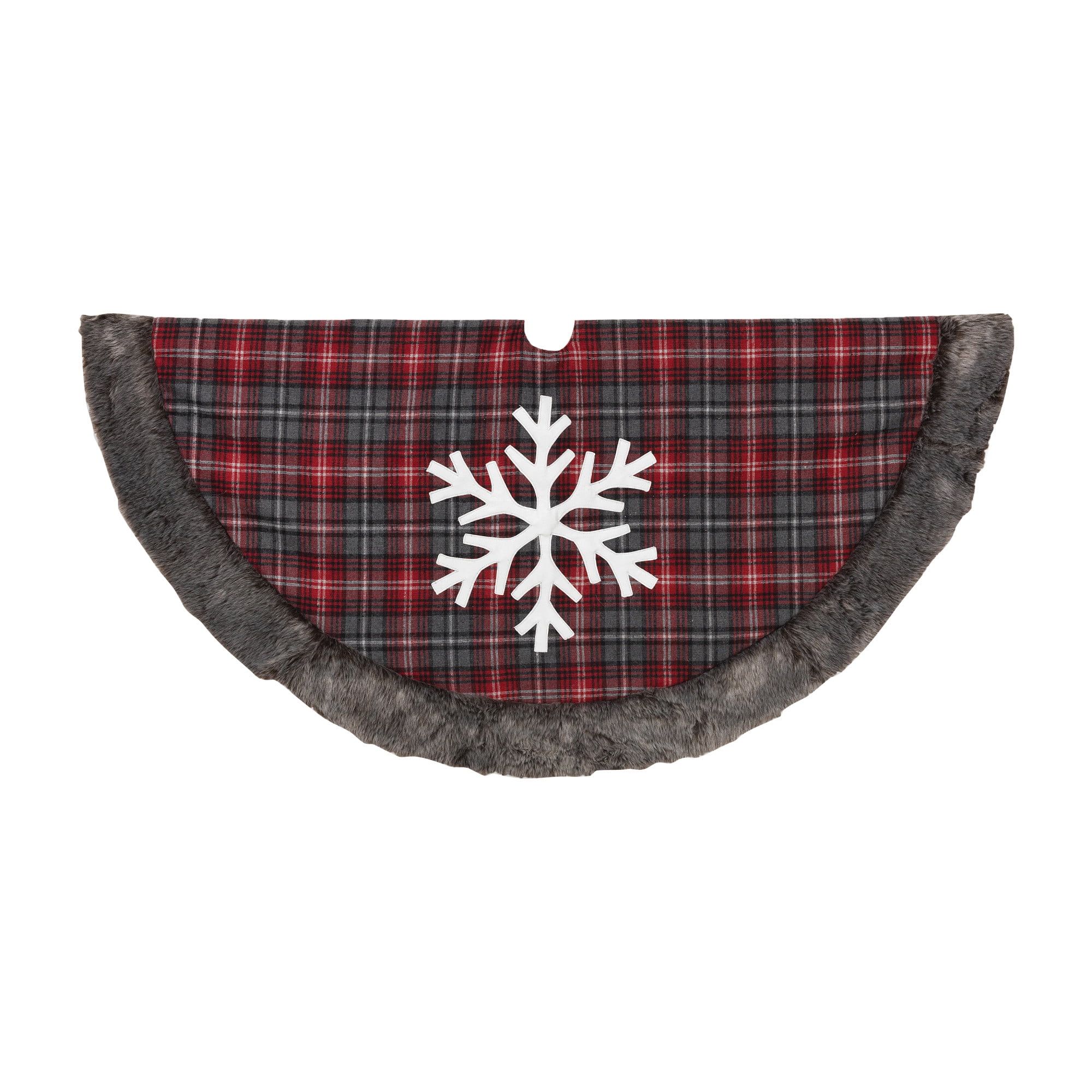 Red Buffalo Plaid Tree Skirt with Snowflake and Faux Fur Trim