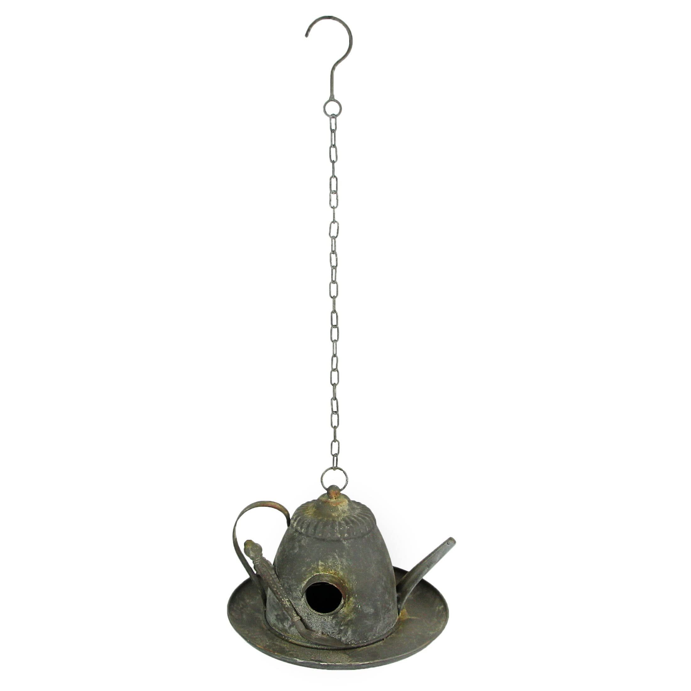 Antique Distressed Metal Hanging Teapot Birdhouse with Chain