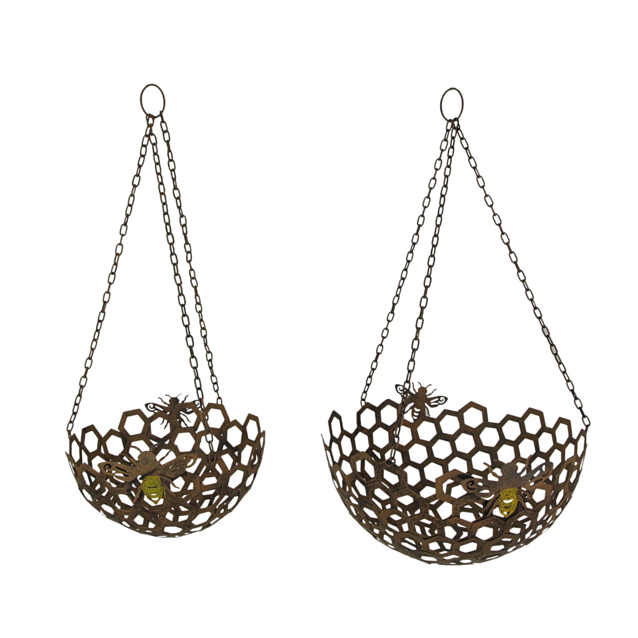 Rustic Brown Metal Honeycomb Bumblebee Hanging Planter Duo