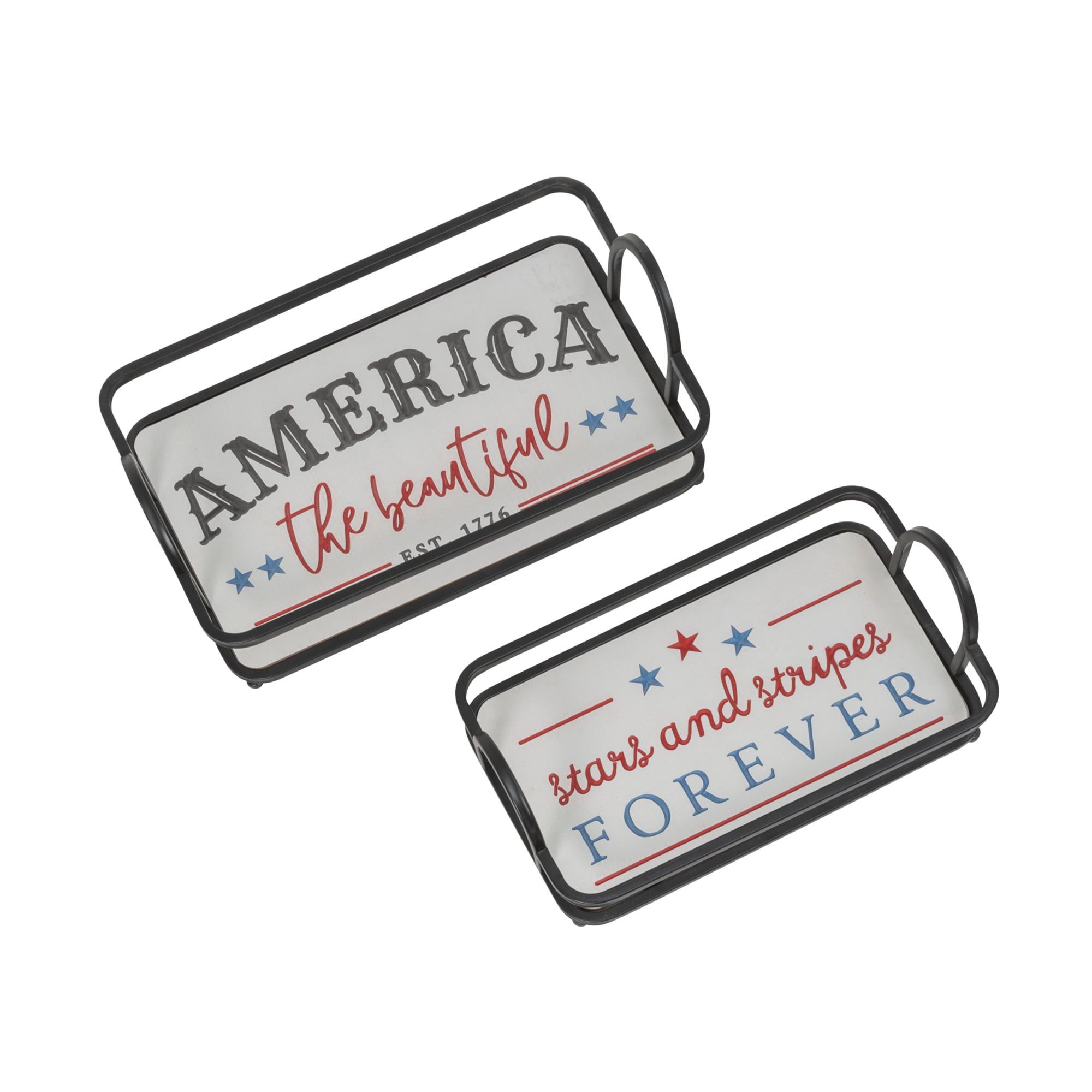 Patriotic Black Metal and Engraved Wood Americana Trays, Set of 2