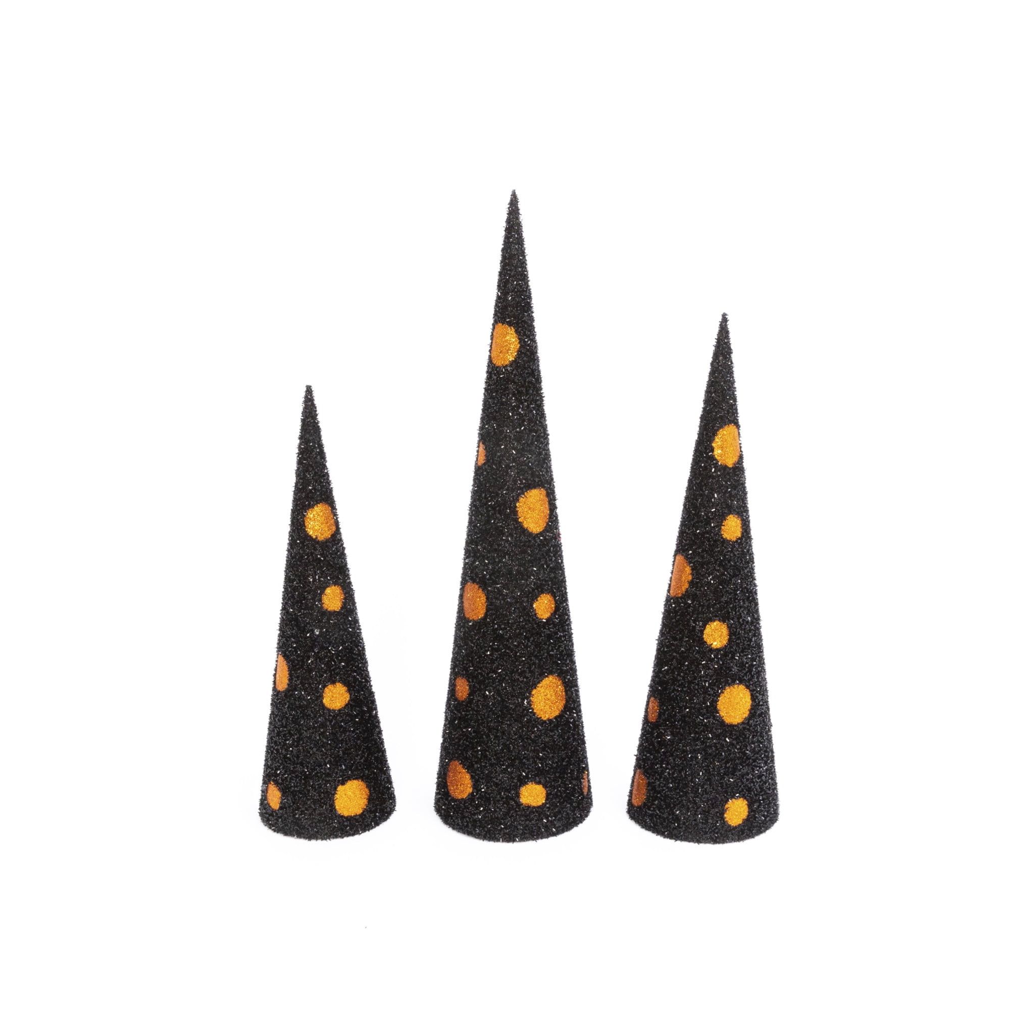 Set of 3 Black and Orange Glitter Halloween Cone Trees