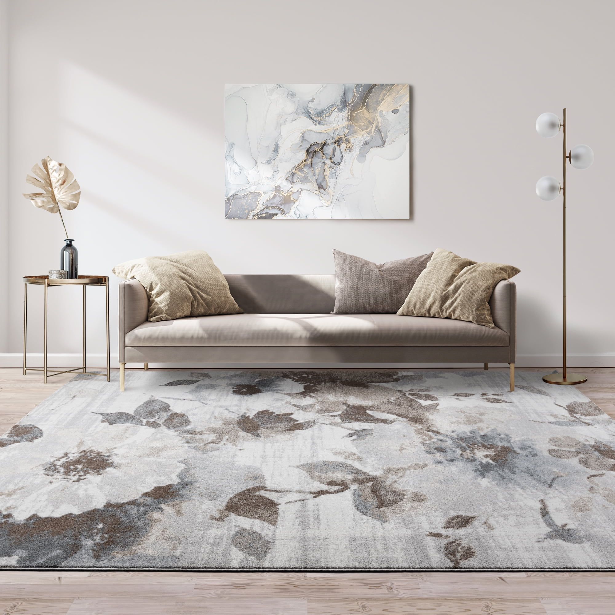 Gray Floral Patterned Synthetic 5' x 7' Area Rug