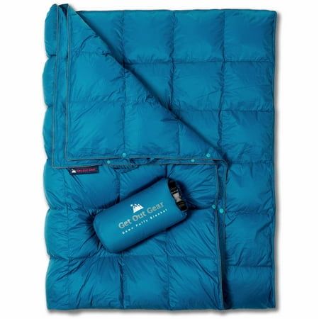 Teal Lightweight Down Camping Blanket with Stuff Sack