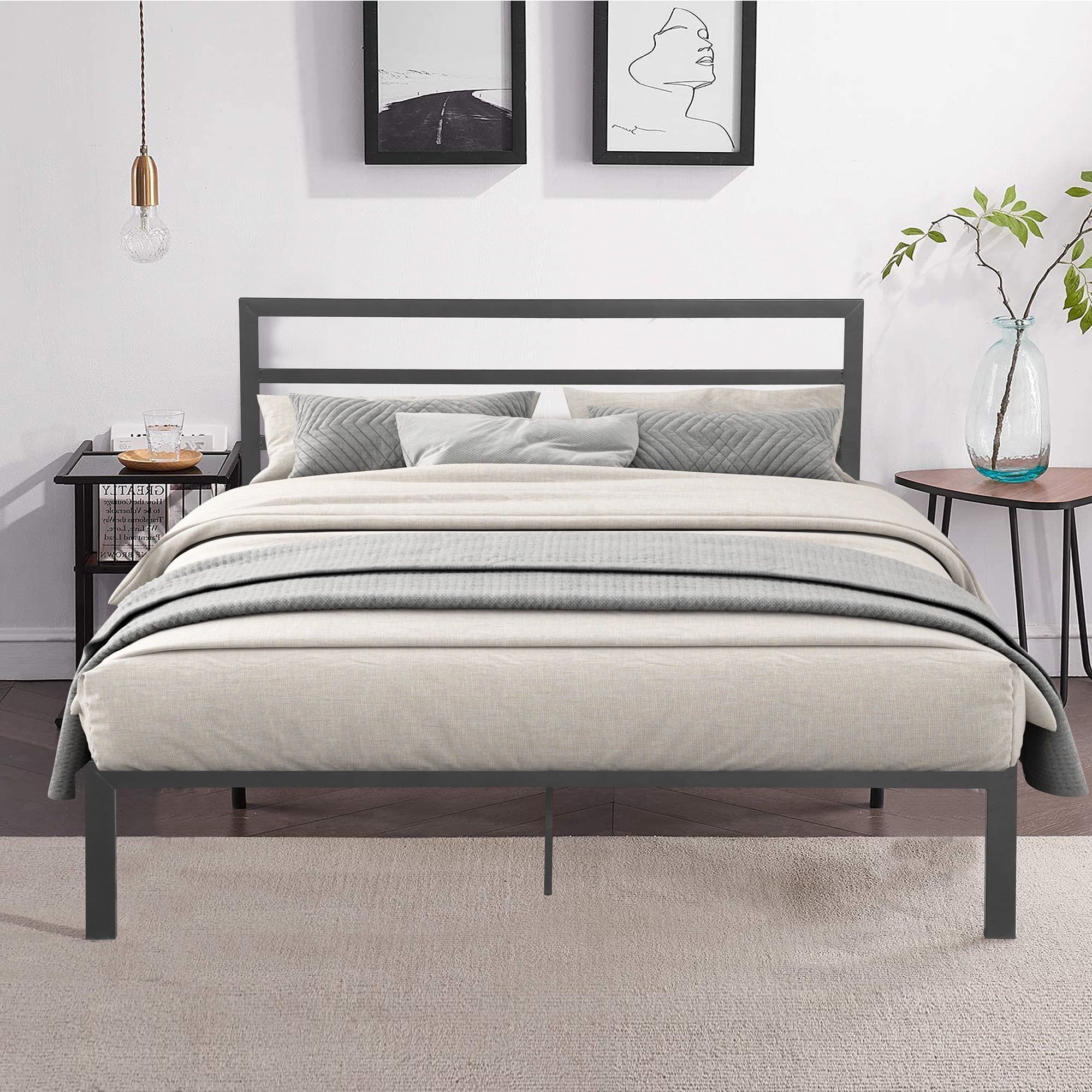 Gray Queen Size Metal Platform Bed Frame with Headboard and Storage