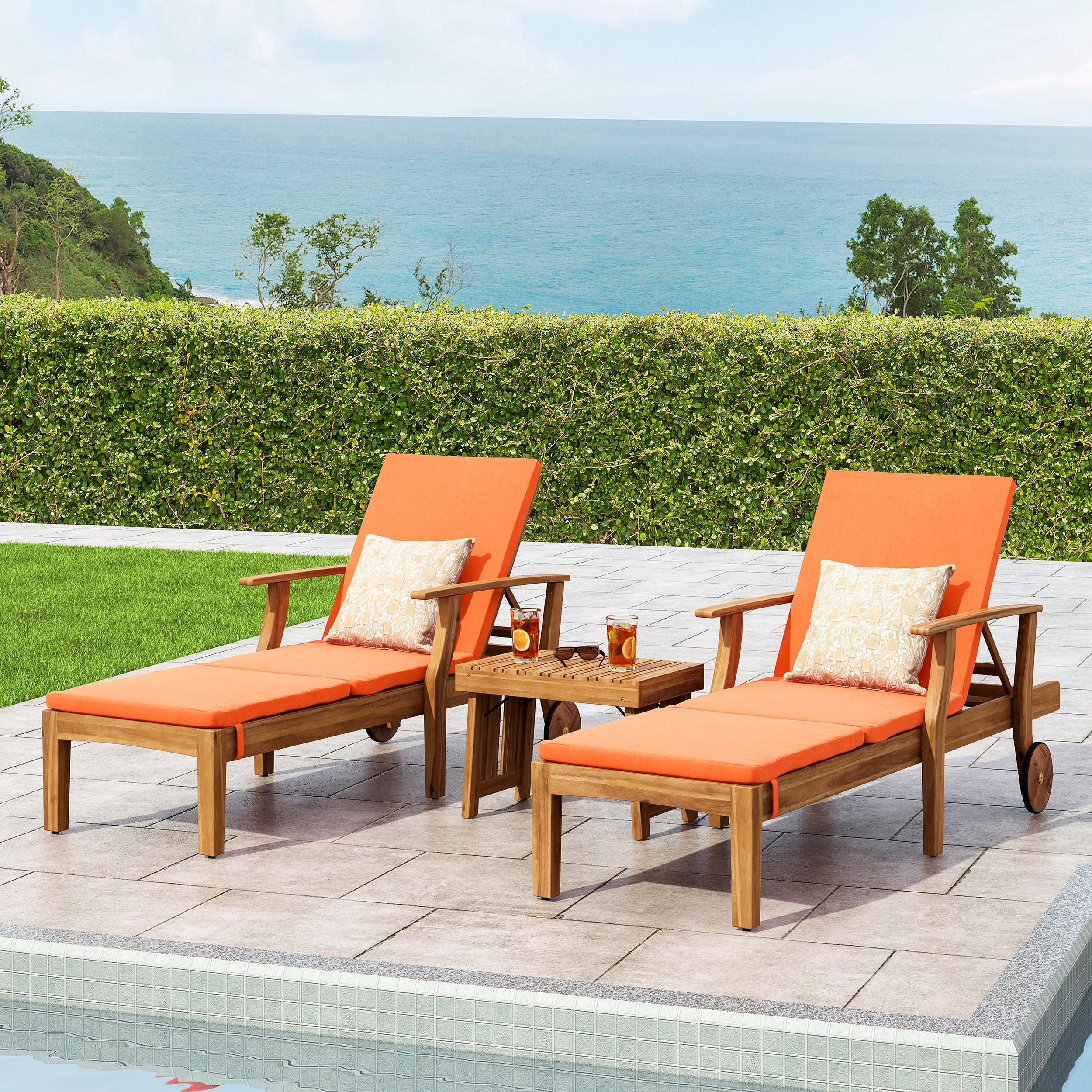 Teak and Orange Acacia Wood 3-Piece Chaise Lounge Set