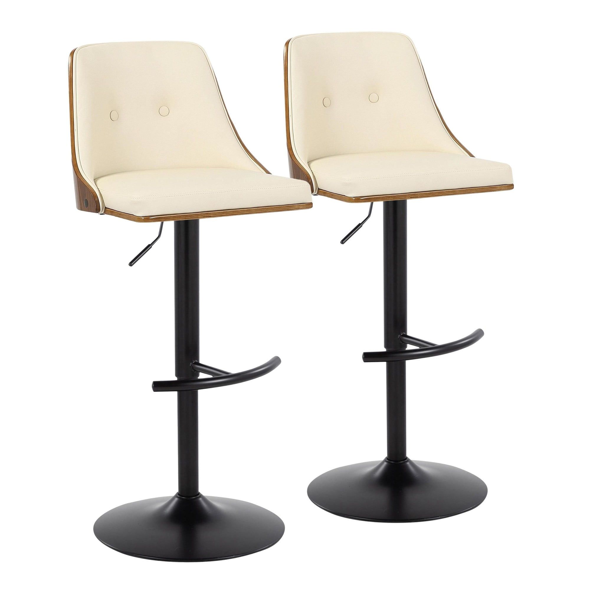 Cream Faux Leather and Walnut Adjustable Swivel Bar Stools, Set of 2