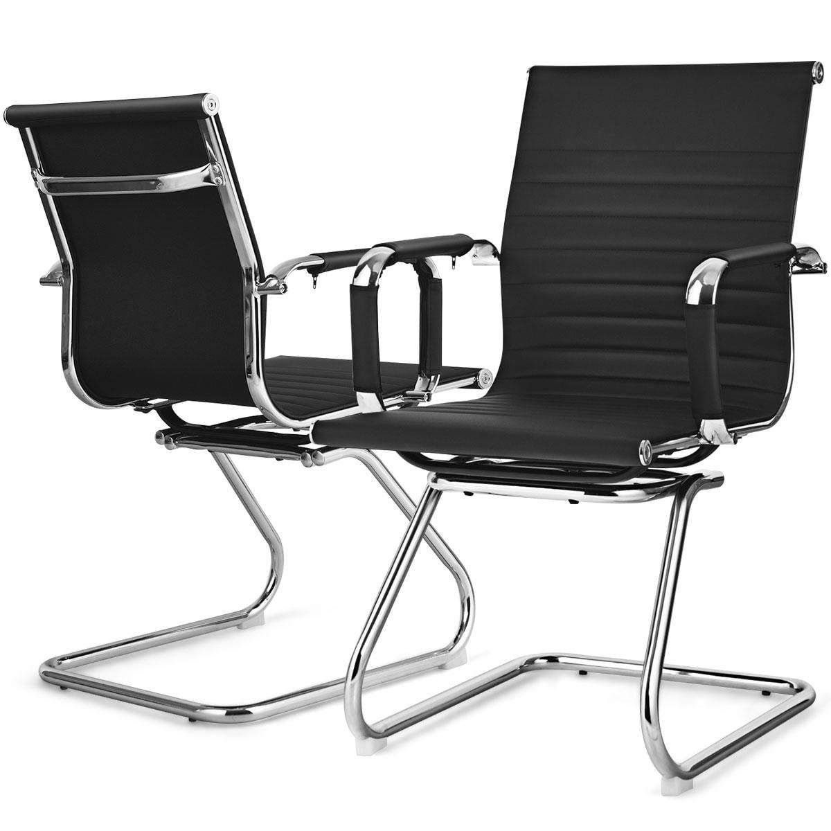 Black PU Leather and Metal Sled Base Office Chairs, Set of 2