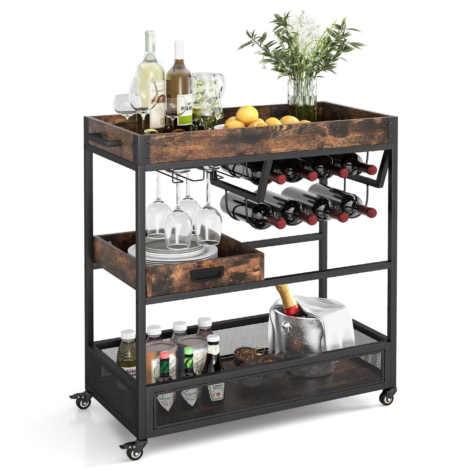 Rustic Brown 3-Tier Rolling Bar Cart with Wine Rack and Tray