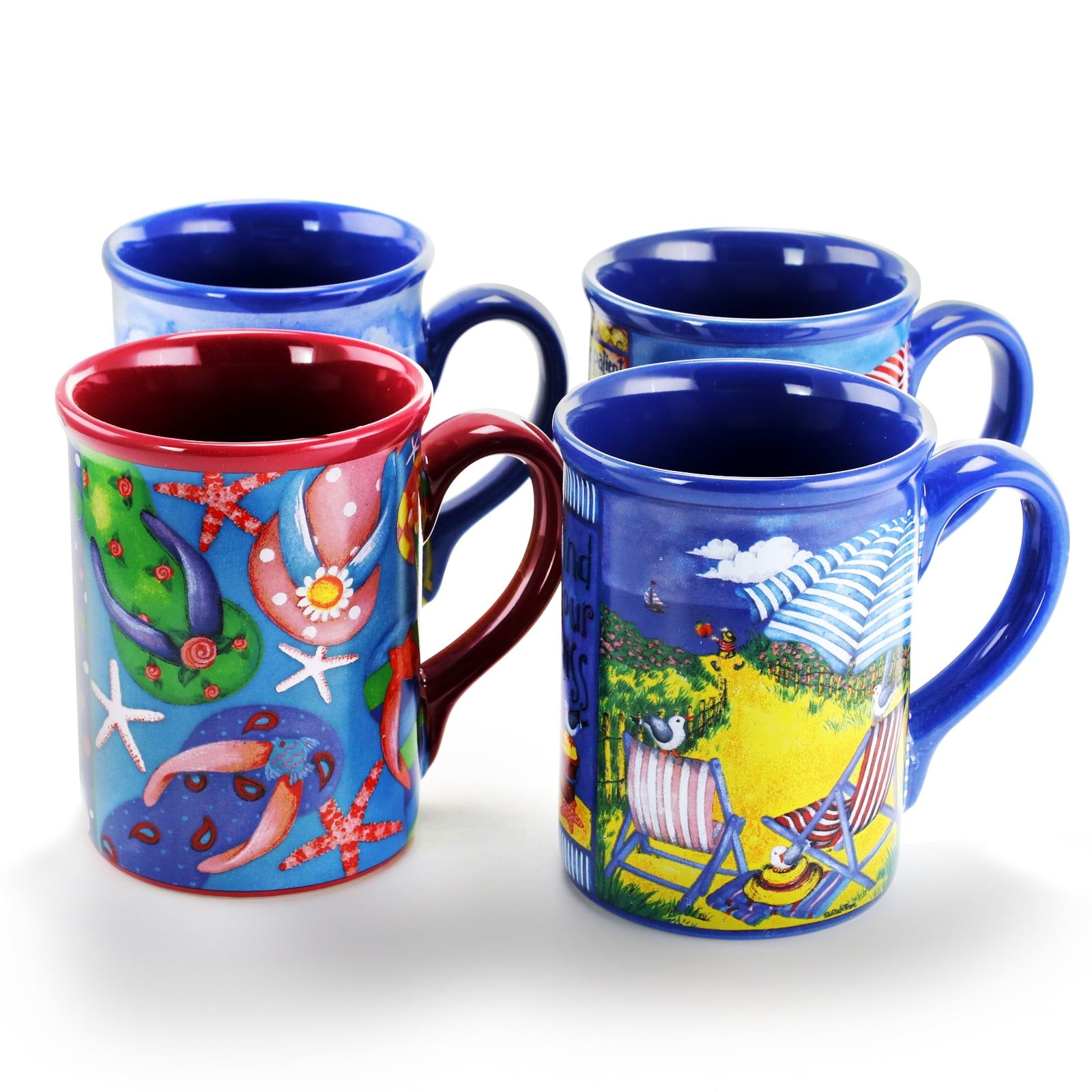 Beachcomber Coastal Ceramic Blue and Red Mug Set