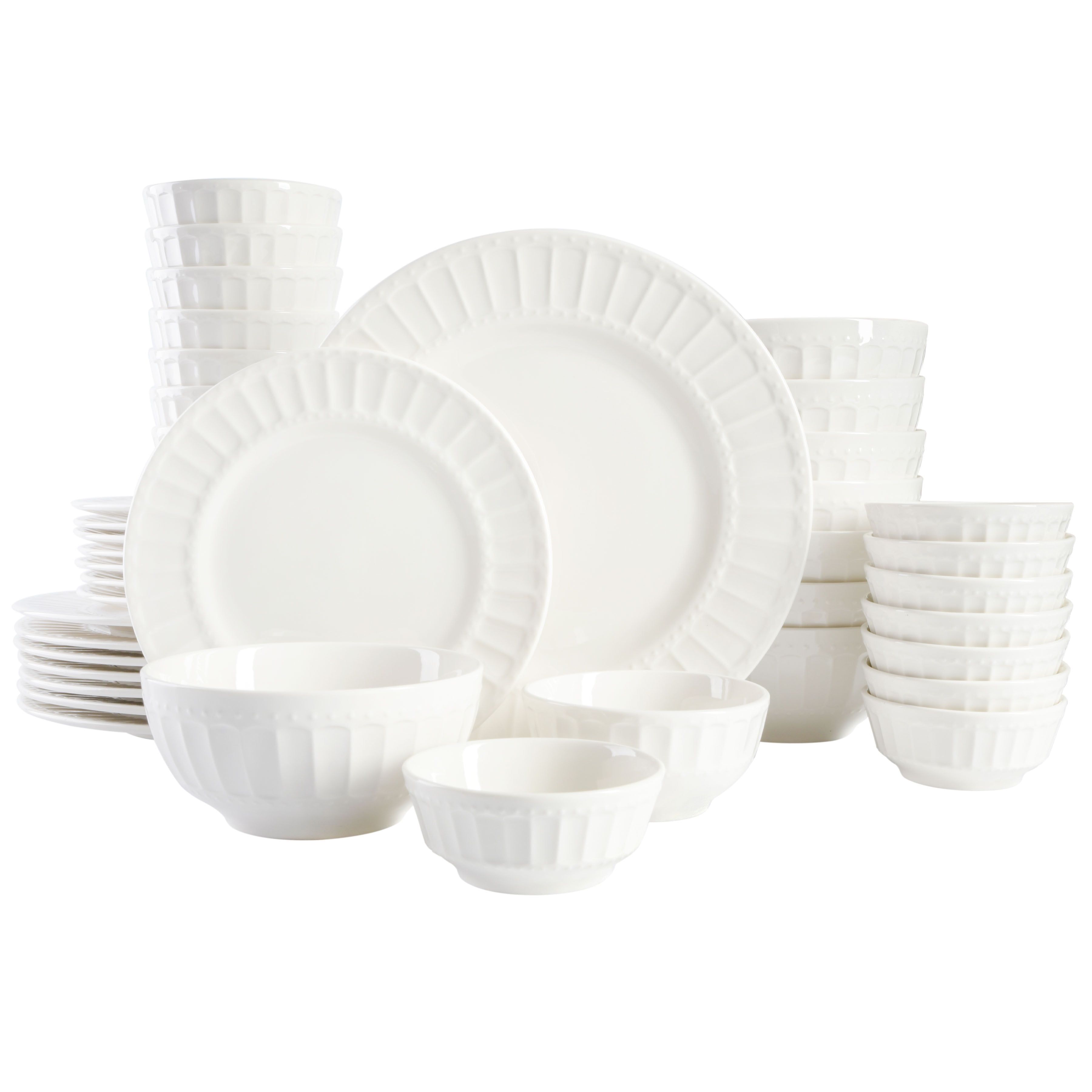 White Embossed Porcelain 40-Piece Dinnerware Set, Service for 8