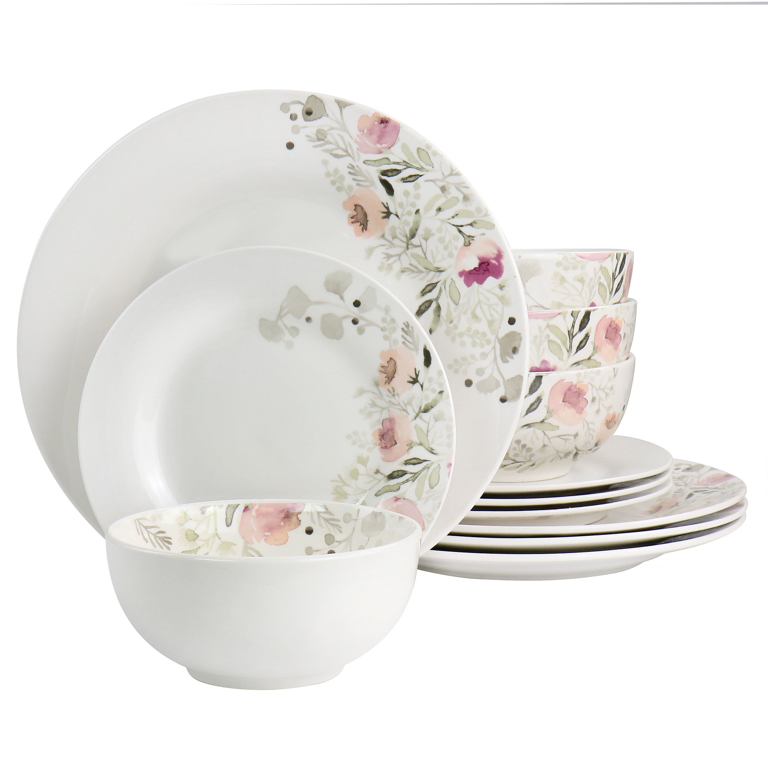 Lily Garden White and Pink Ceramic 12-Piece Floral Dinnerware Set