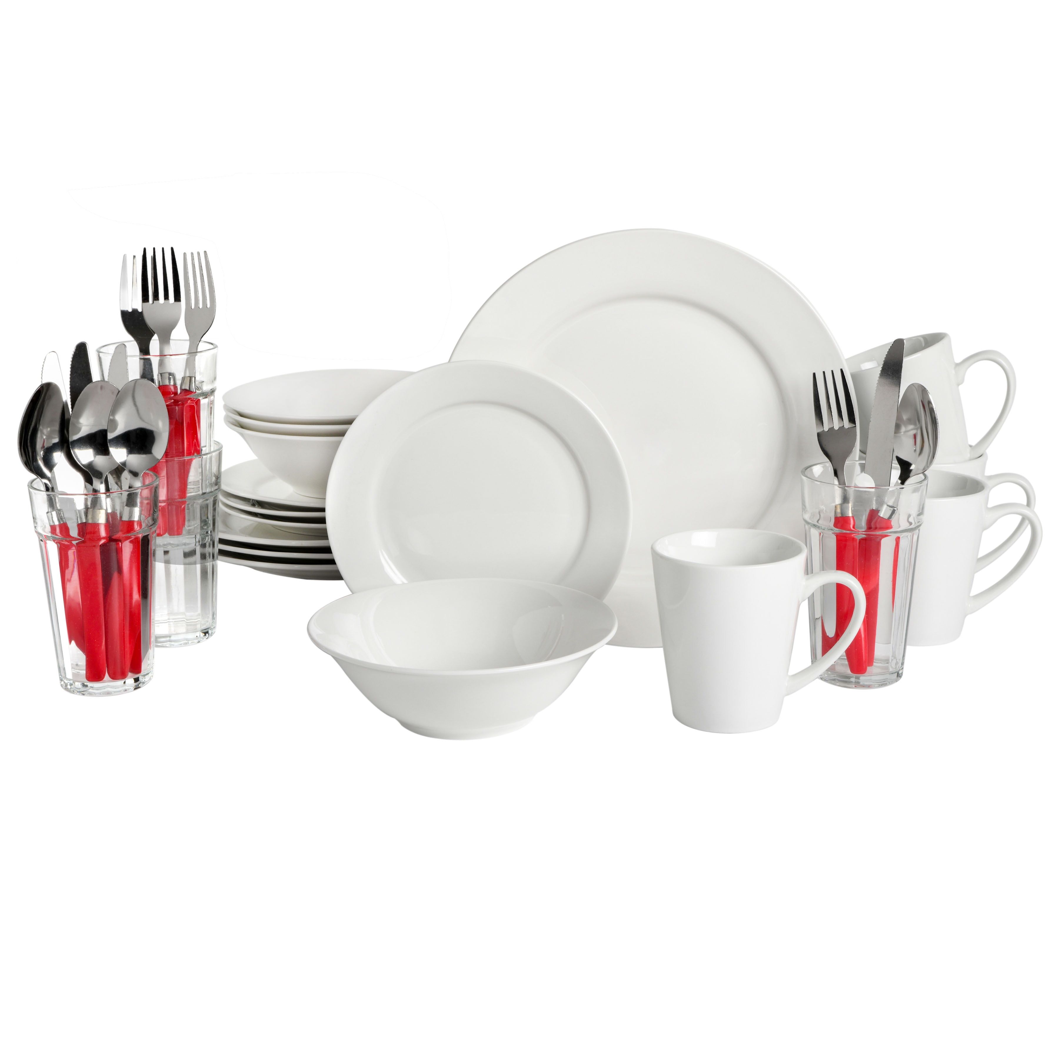 Regal White 32-Piece Porcelain Dinnerware Set with Red Handle Utensils