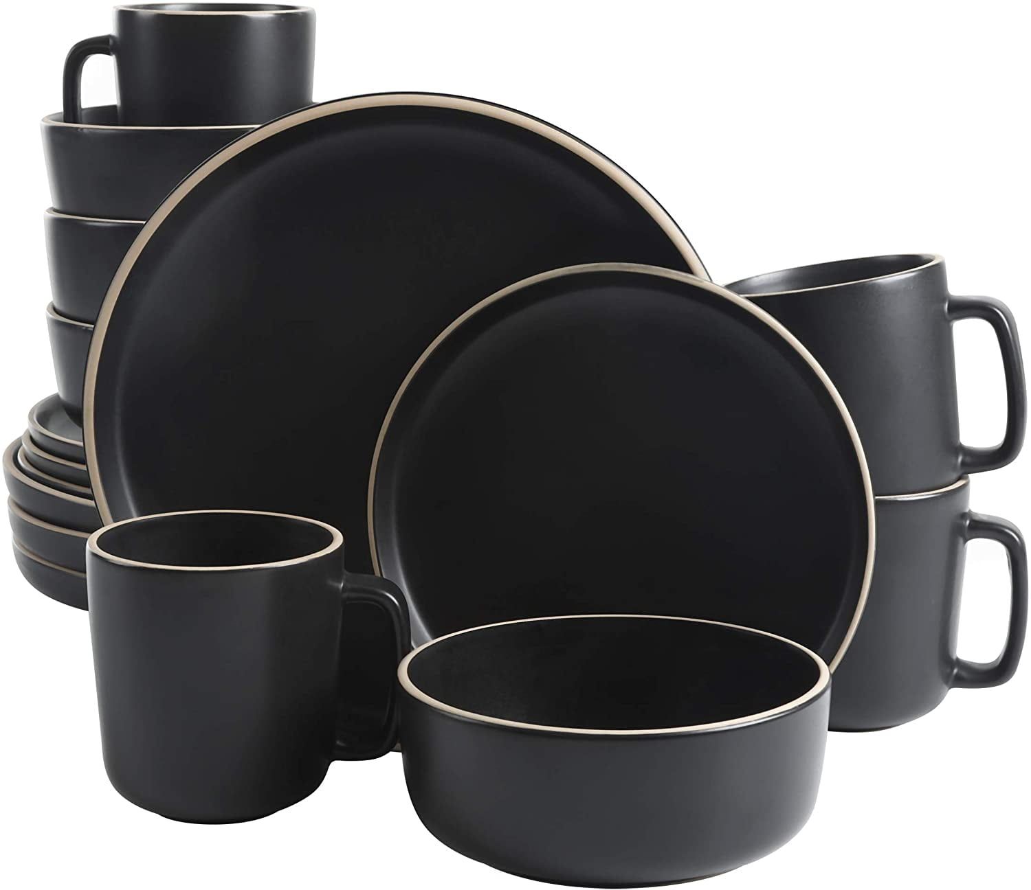 Zuma Matte Black 16-Piece Modern Ceramic Dinnerware Set, Service for 4