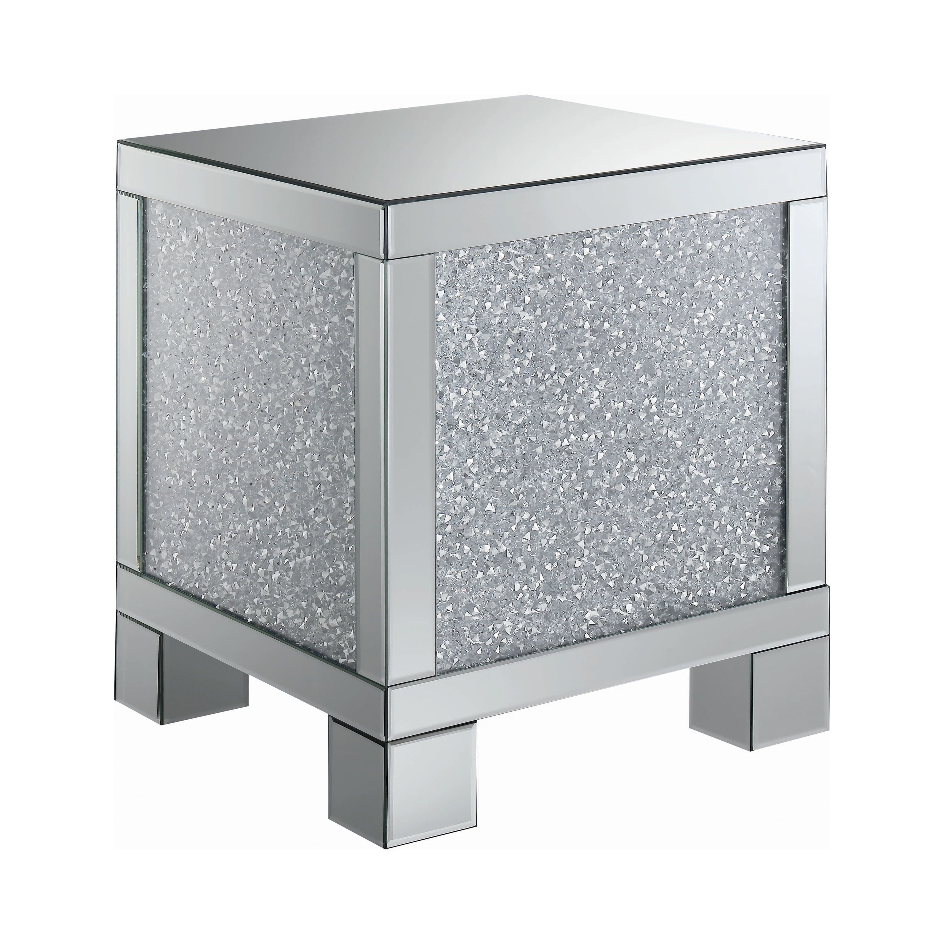 Silver Mirrored Square End Table with Crystal Accents