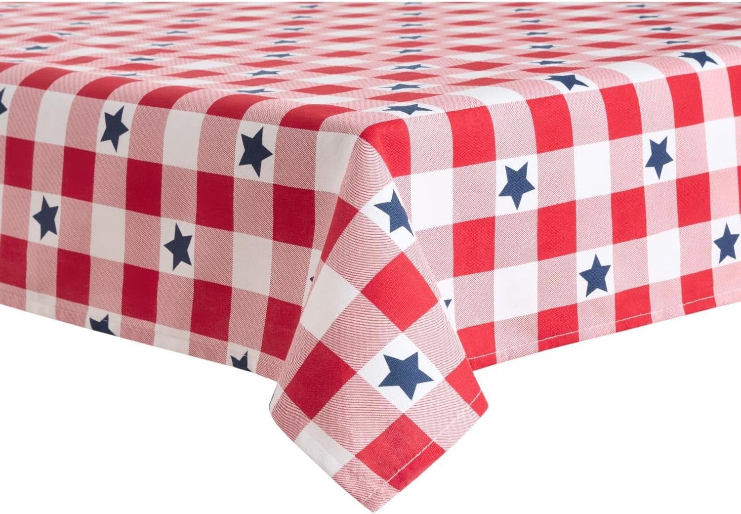 Americana Star Gingham Plaid Patriotic Tablecloth, Red/White/Blue, 60"x84"