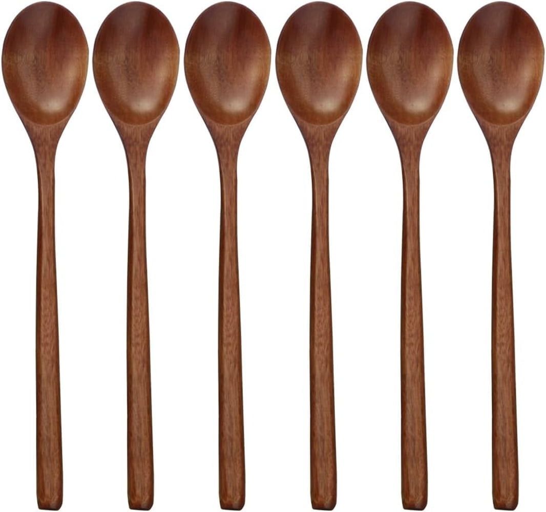 9 Inch Natural Wood Long Handle Soup Spoons, Set of 6