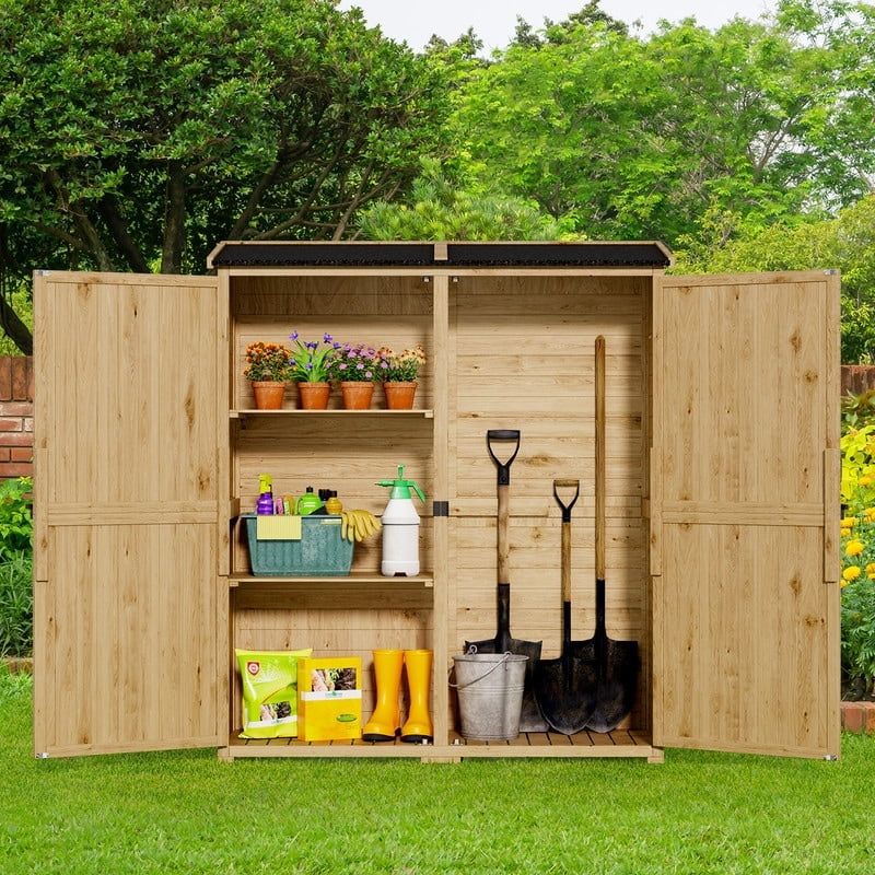 Natural Wooden Outdoor Storage Cabinet with Lockable Doors and Shelves