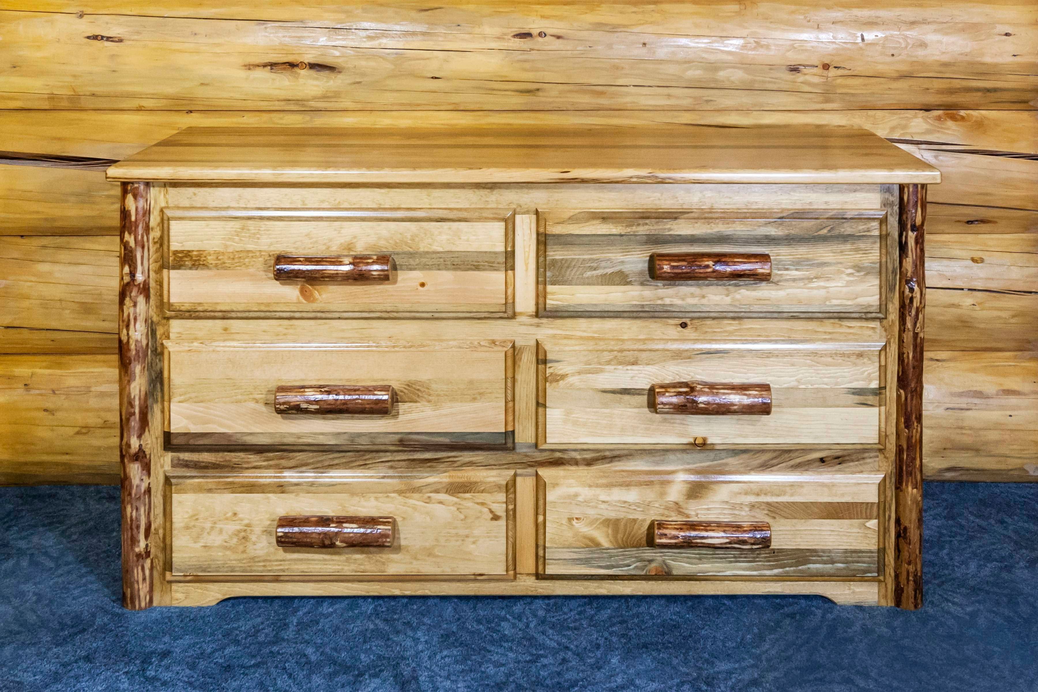 Rustic Double 6-Drawer Dresser in Pine Finish with Ball Bearing Slides