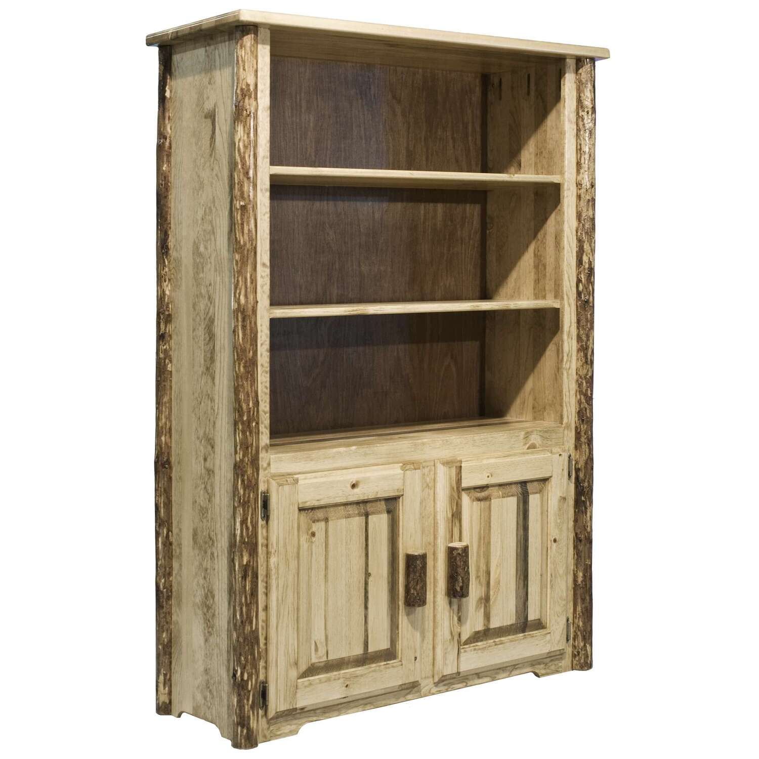 Rustic Brown Solid Pine Wood Bookcase with Doors