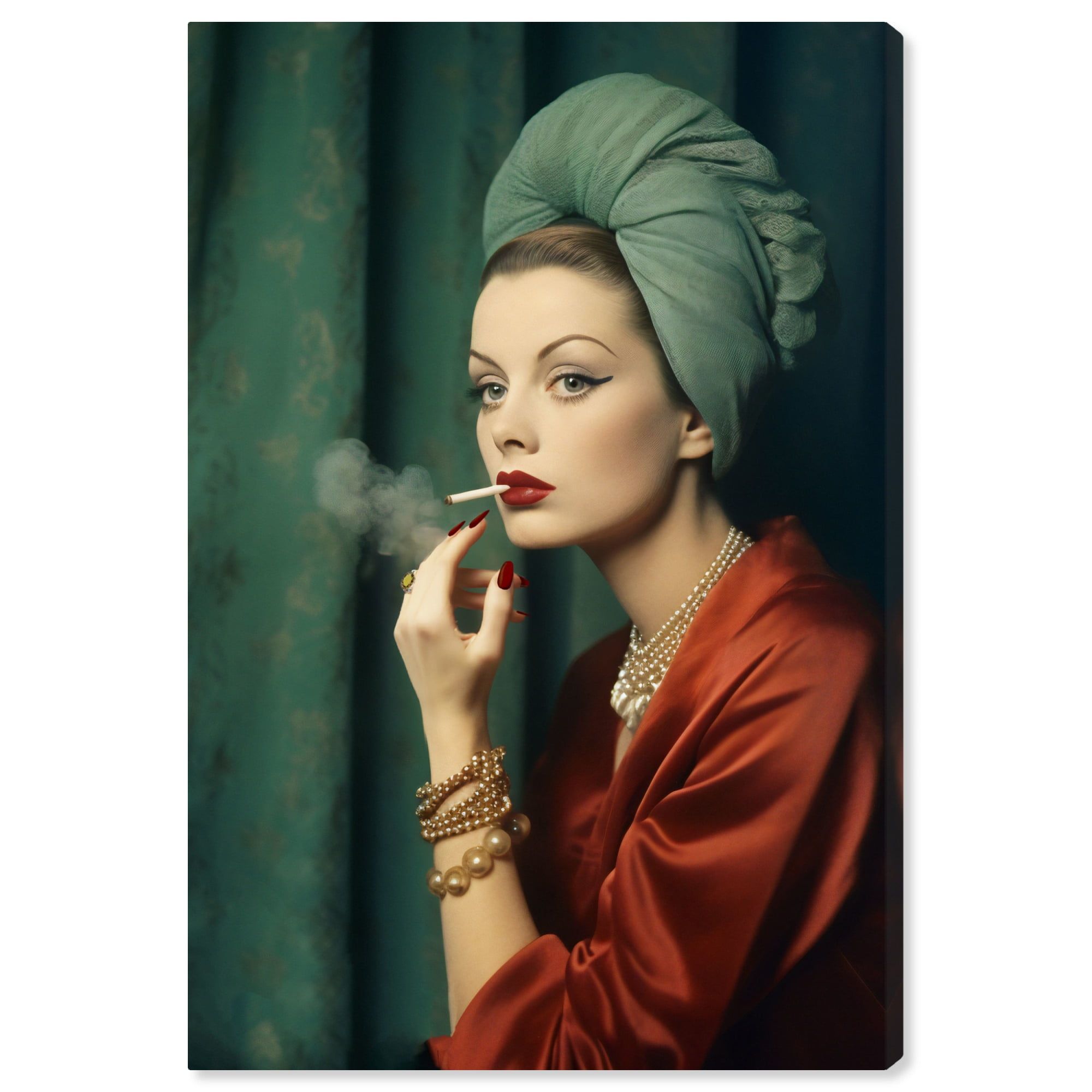 Retro Glam Lady in Red Silk and Pearls Canvas Art Print