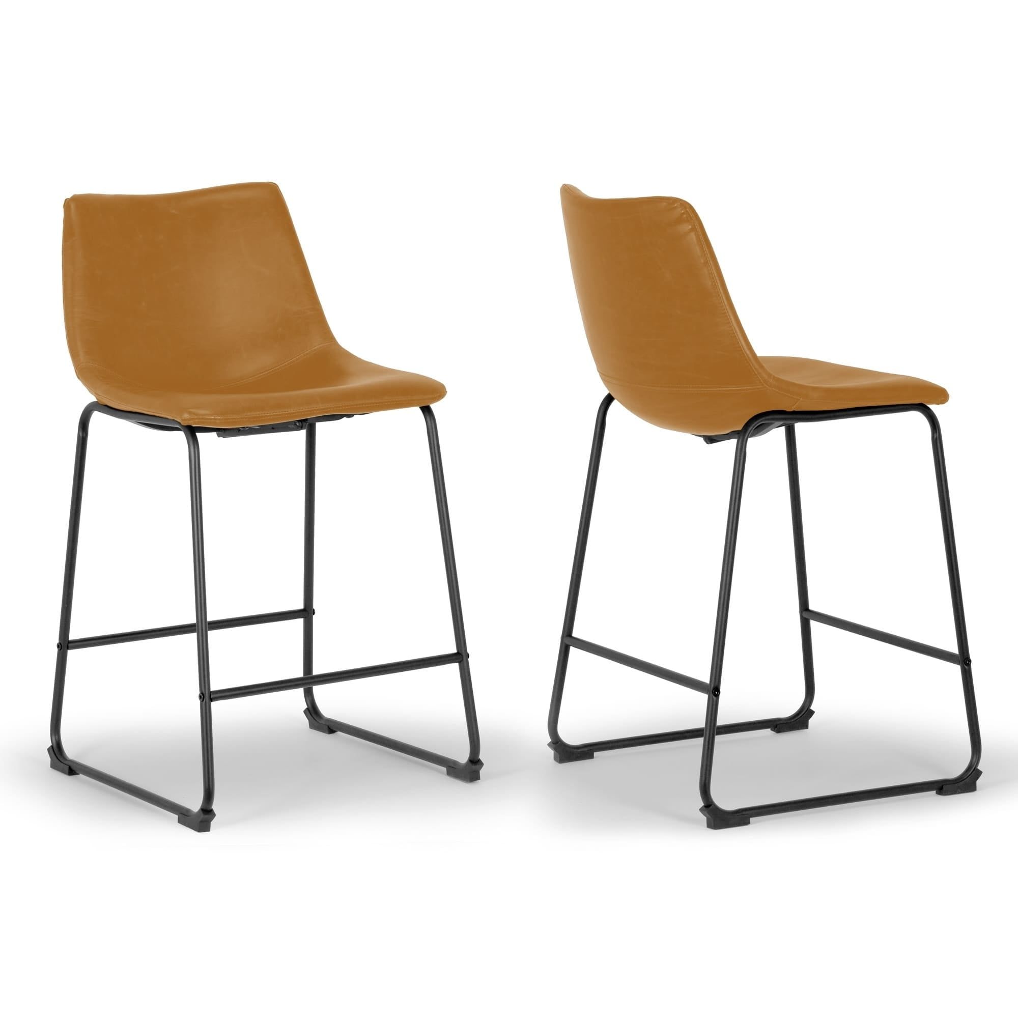 Set of 2 Brown Faux Leather and Metal Counter Stools