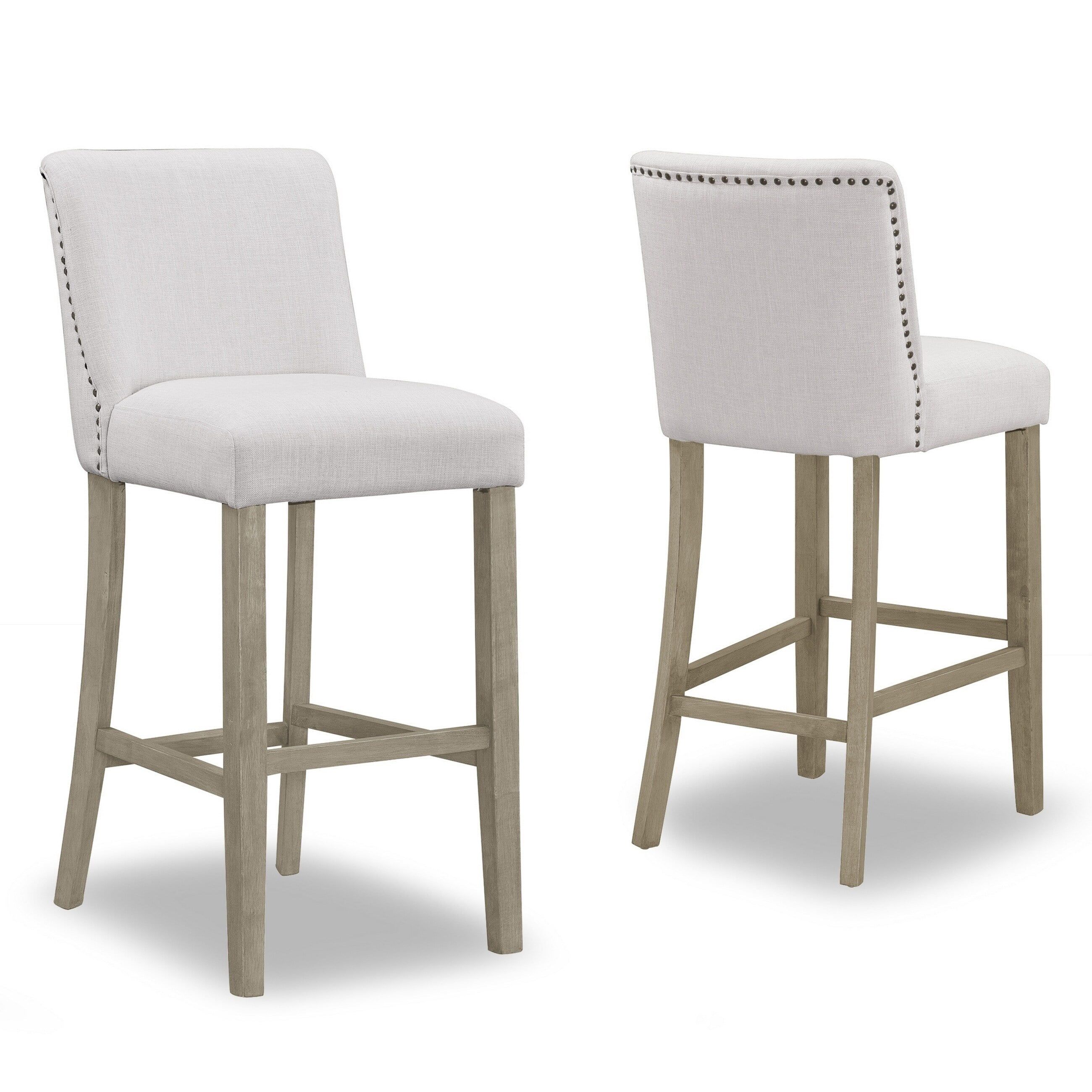 Beige Fabric Bar Stools with Nail Head Accents, Set of 2