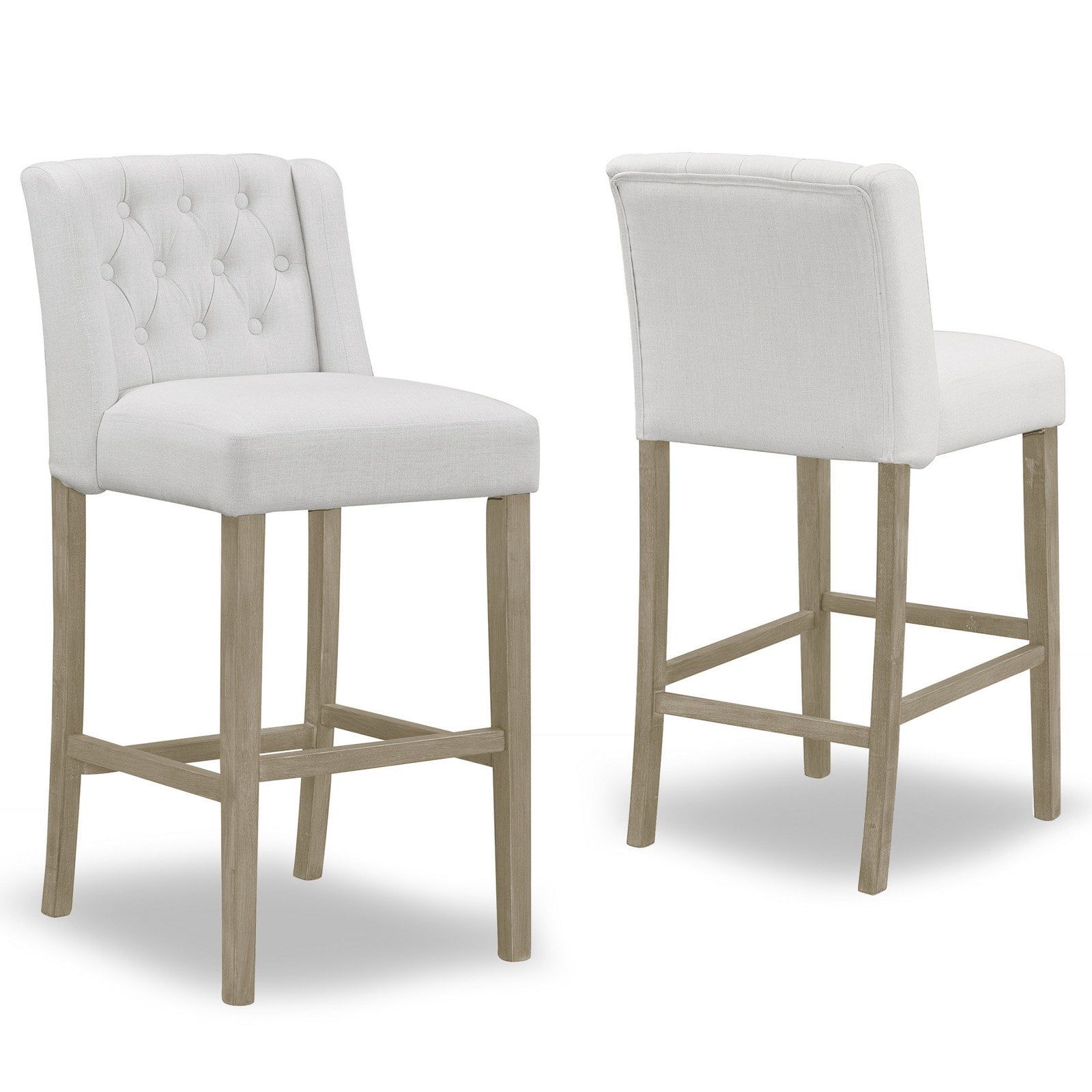 Beige Tufted Fabric Bar Stools with Wood Legs, Set of 2