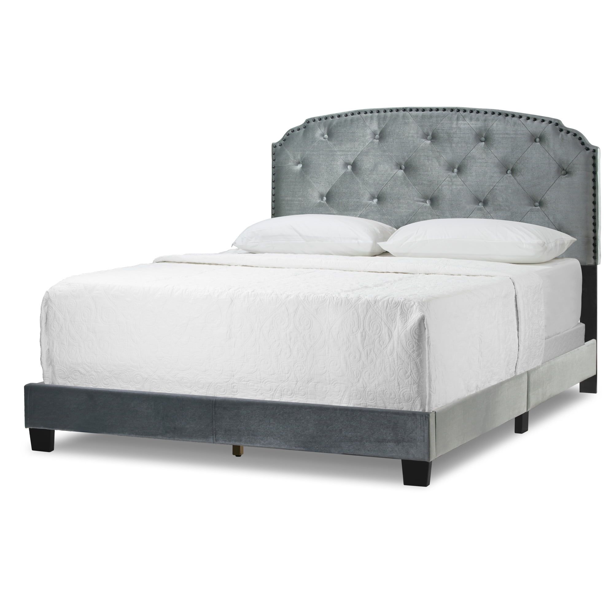 Silver Gray Velvet Queen Bed with Tufted Upholstery and Nailhead Trim