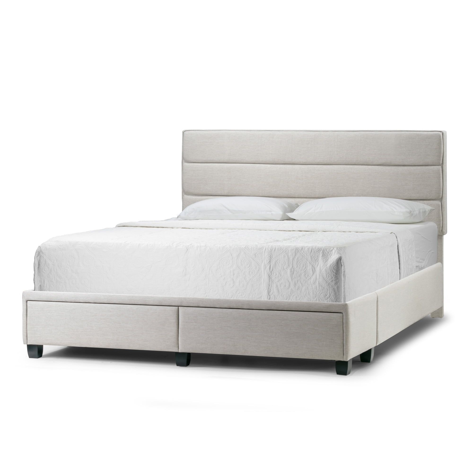 Beige King Upholstered Bed with Storage Drawers and Tufted Headboard