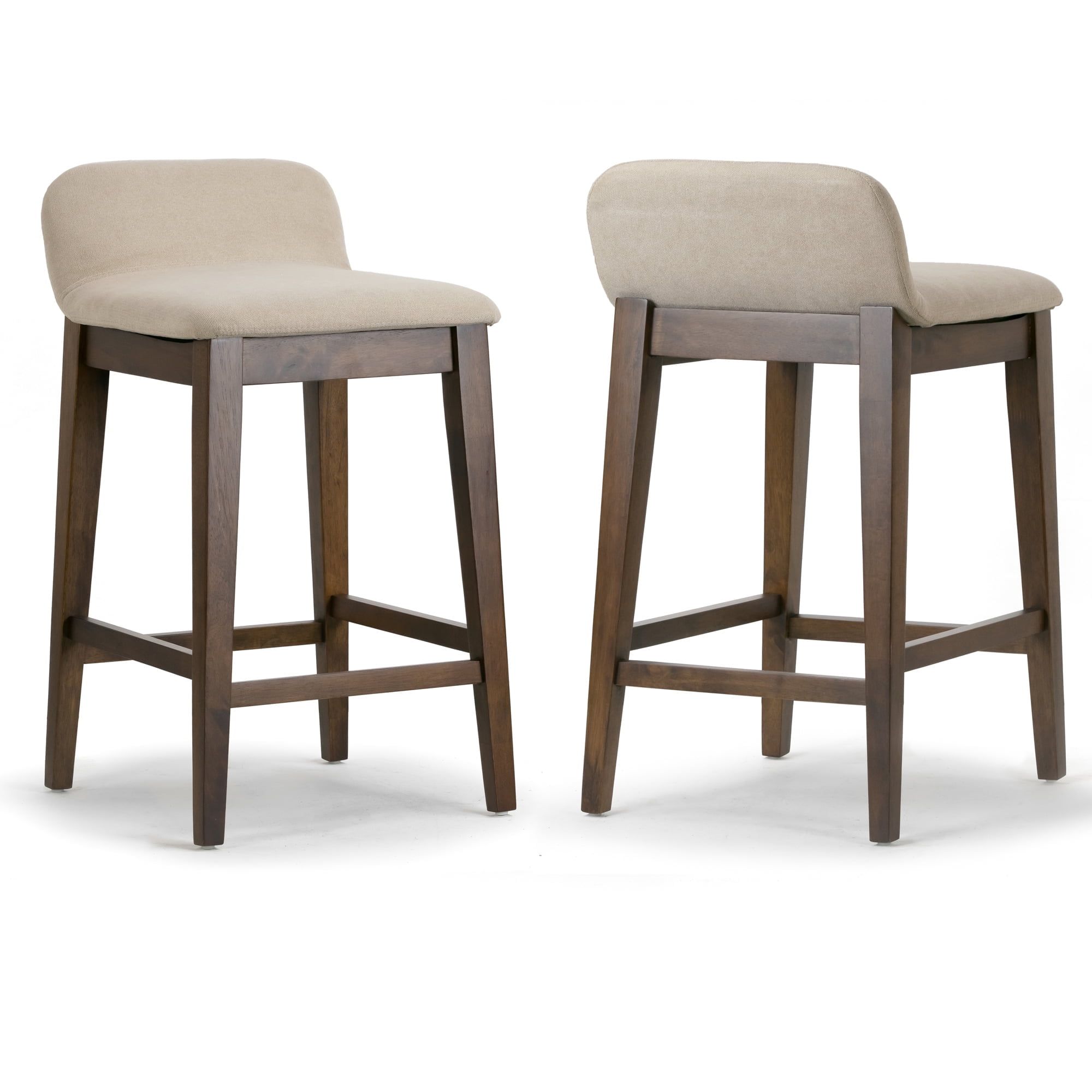 Set of 2 Dark Brown Wood Counter Stools with Beige Fabric Seats