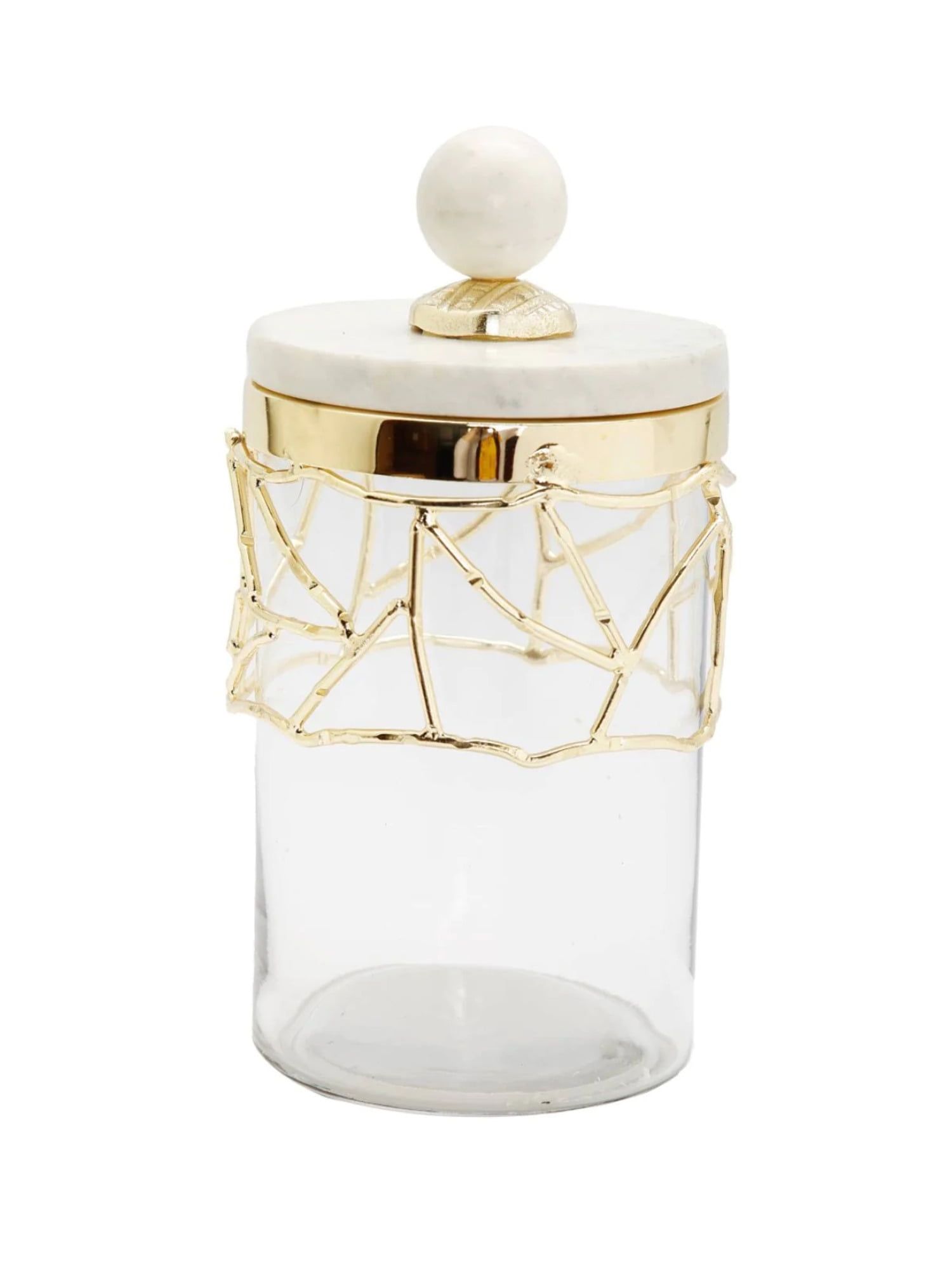 Large Clear Glass Canister with Gold Mesh and Marble Lid