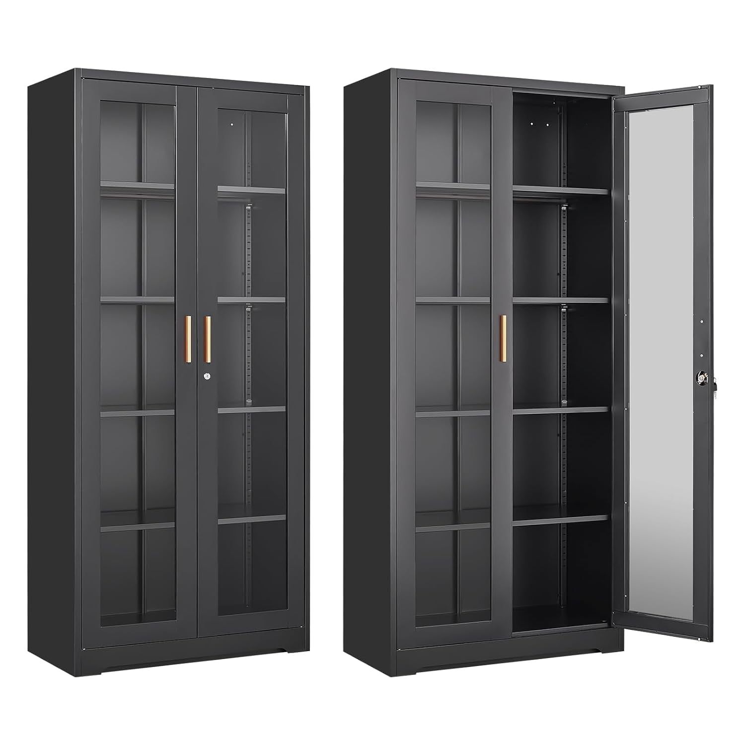 Black Metal Curio Cabinet with Glass Doors and Adjustable Shelves