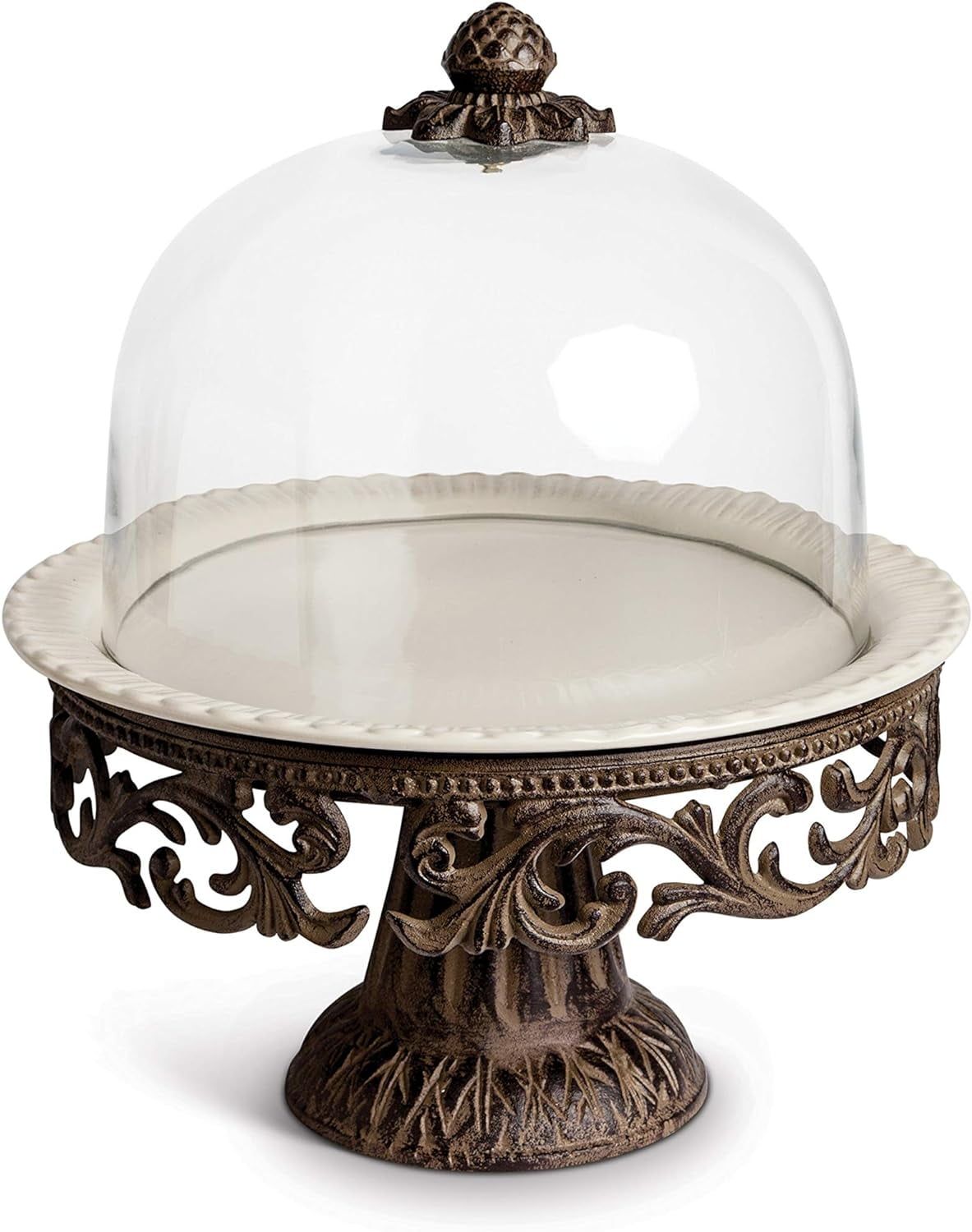 Ornate Dark Brown Ceramic Cake Pedestal with Glass Dome