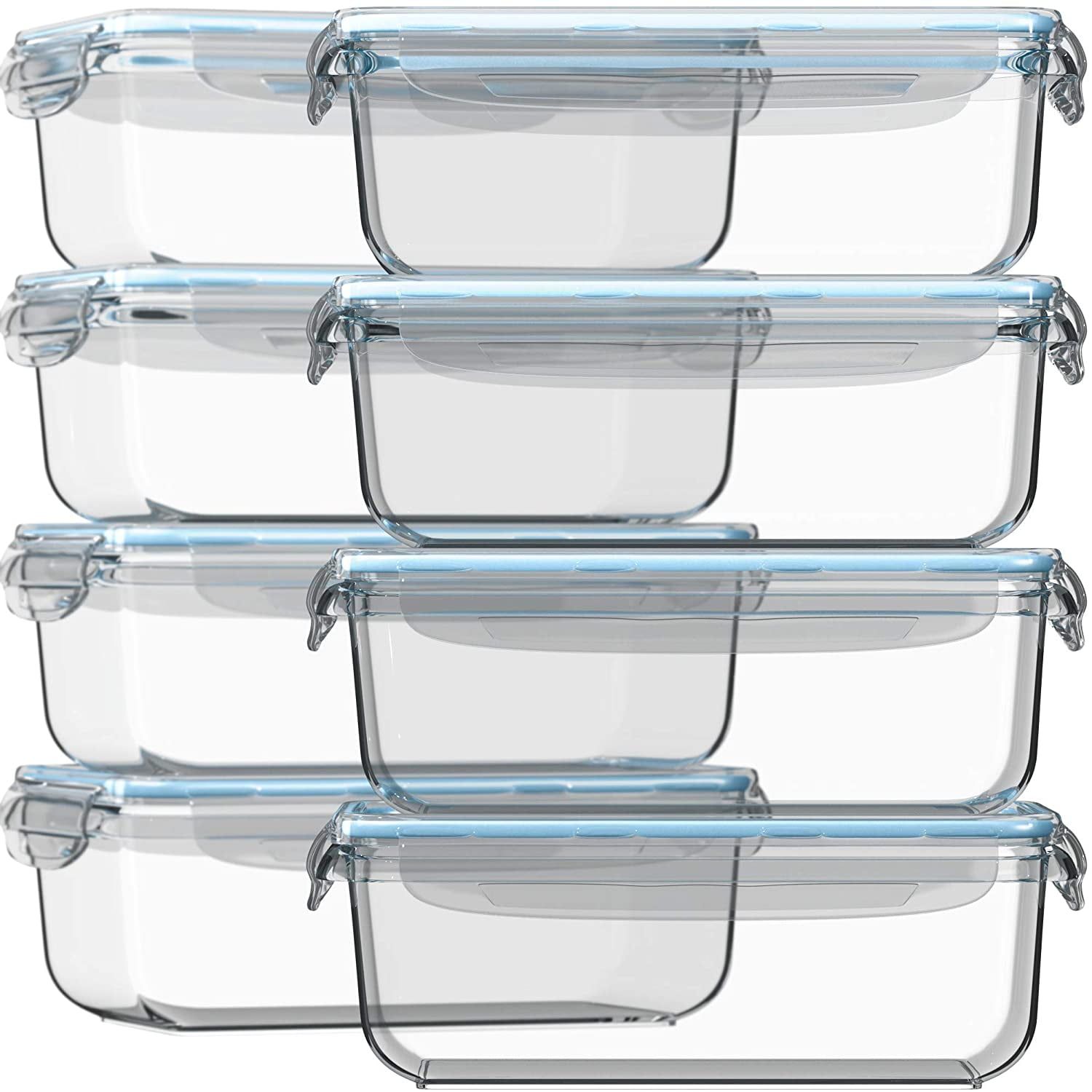 Set of 8 Rectangular Glass Meal Prep Containers with Snap Lids