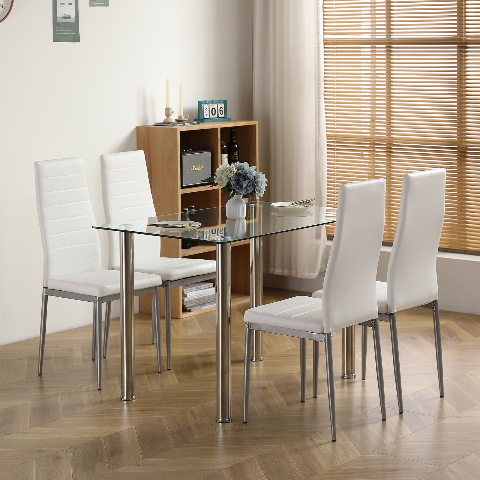 Modern Glass Dining Table Set with White Faux Leather Chairs