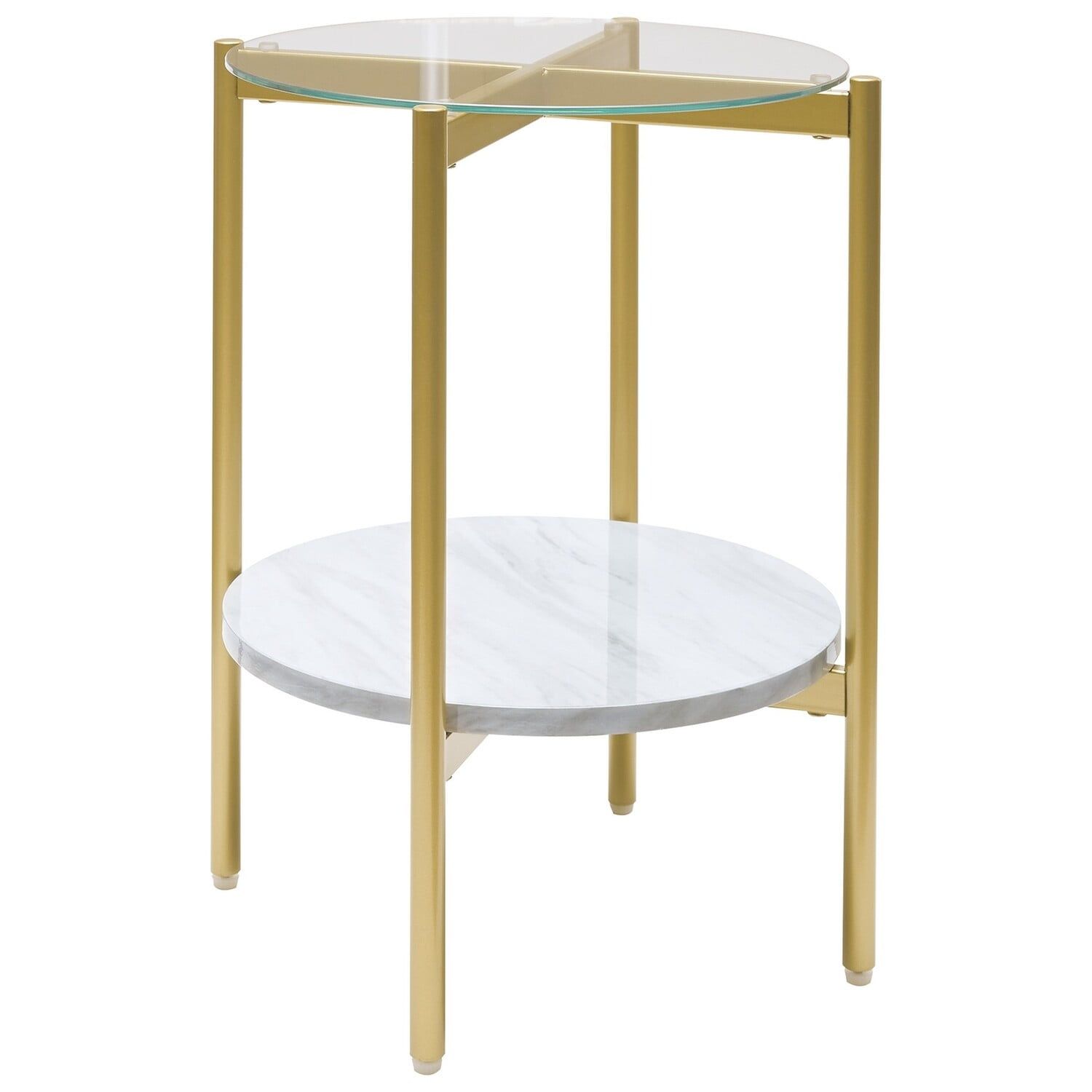 Gold and White Round Glass Top Metal End Table